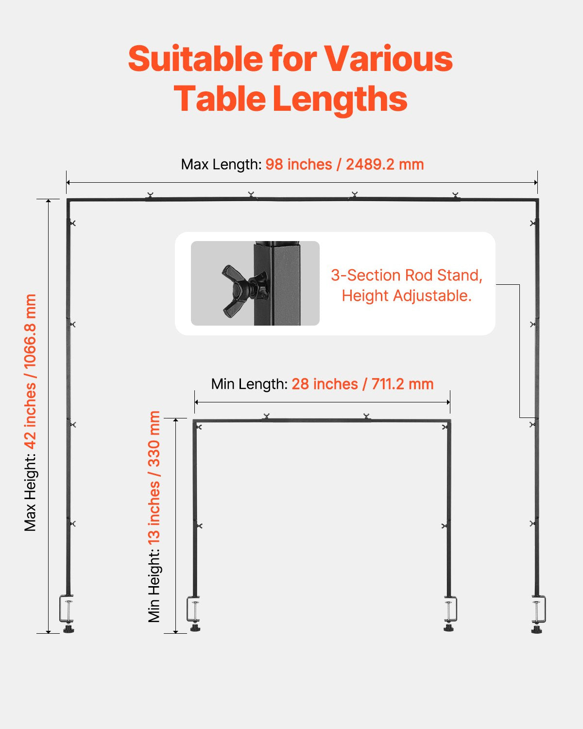 Over Table Rod Stand with Clamps 13"-42" Tall 28"-98" Adjustable 2-Pack Black