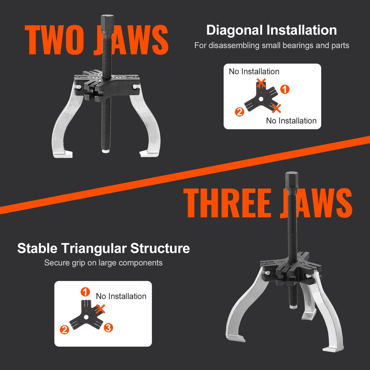 Gear Puller Set 2-Piece 3 and 7 Inch 3-Jaw Reversible Bearings Flywheels