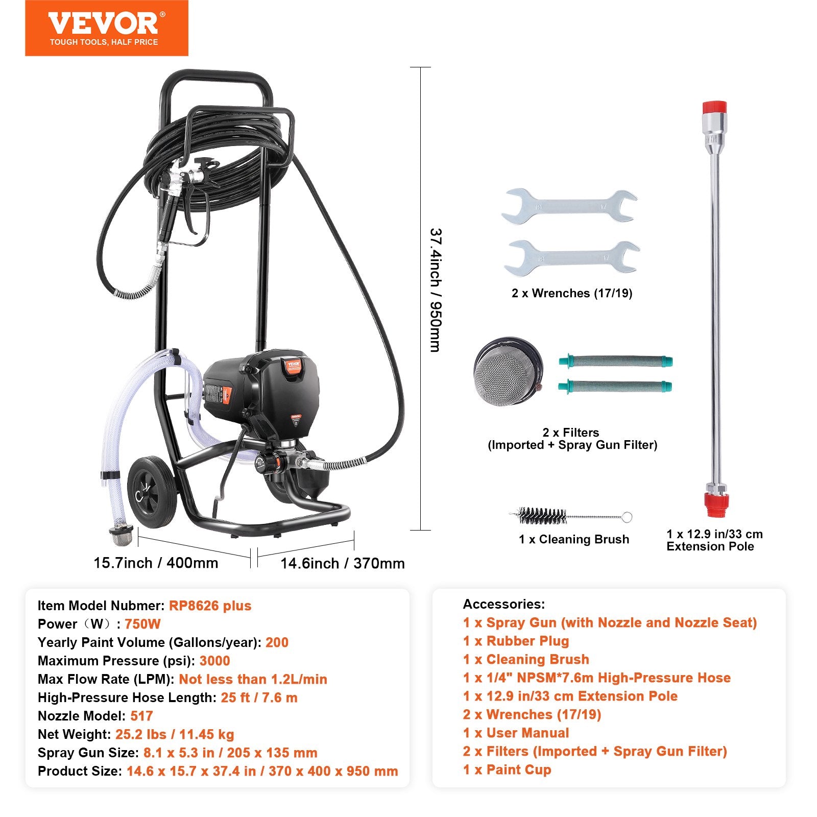 Stand Airless Paint Sprayer 750W 3000PSI Electric with Cart for Home Use