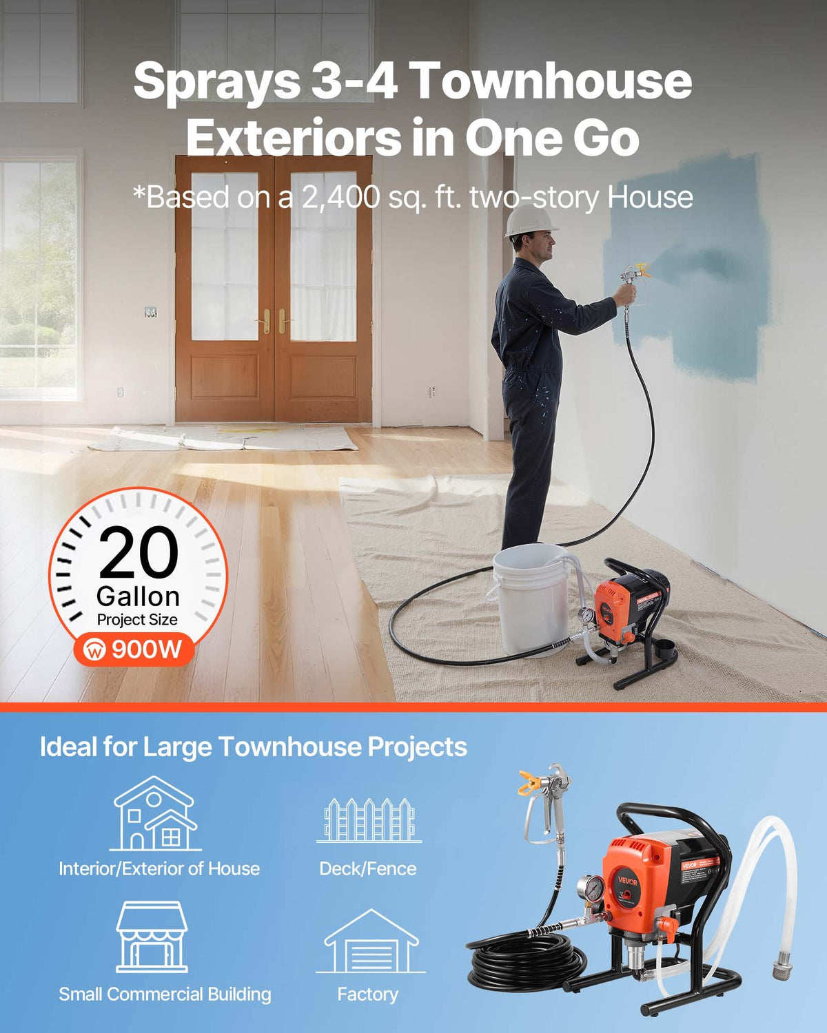 Stand Airless Paint Sprayer 900W 3300PSI High Pressure Hose Extension Nozzles