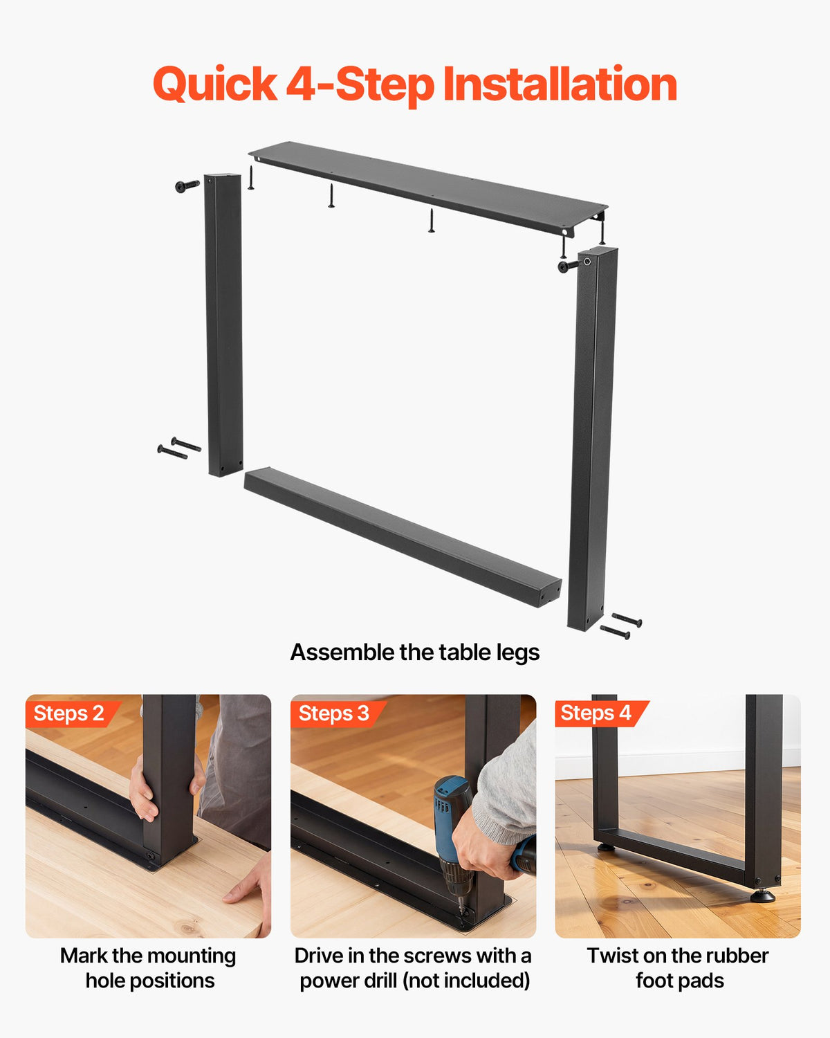 Table Legs 750x900mm Square Steel Heavy Duty 1000kg Set of 2 Black Office Desk
