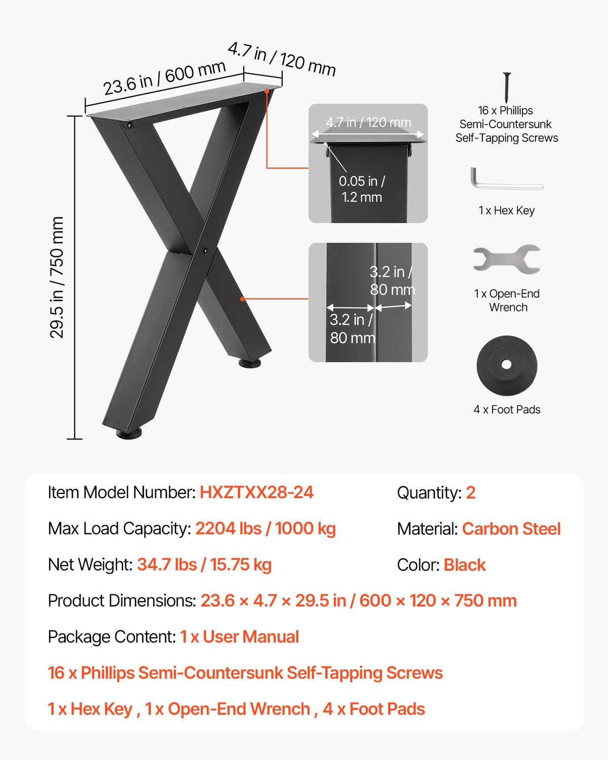 Table Legs 750x600mm Steel X Frame Heavy Duty 1000kg Desk Bar Workbench 2PCS