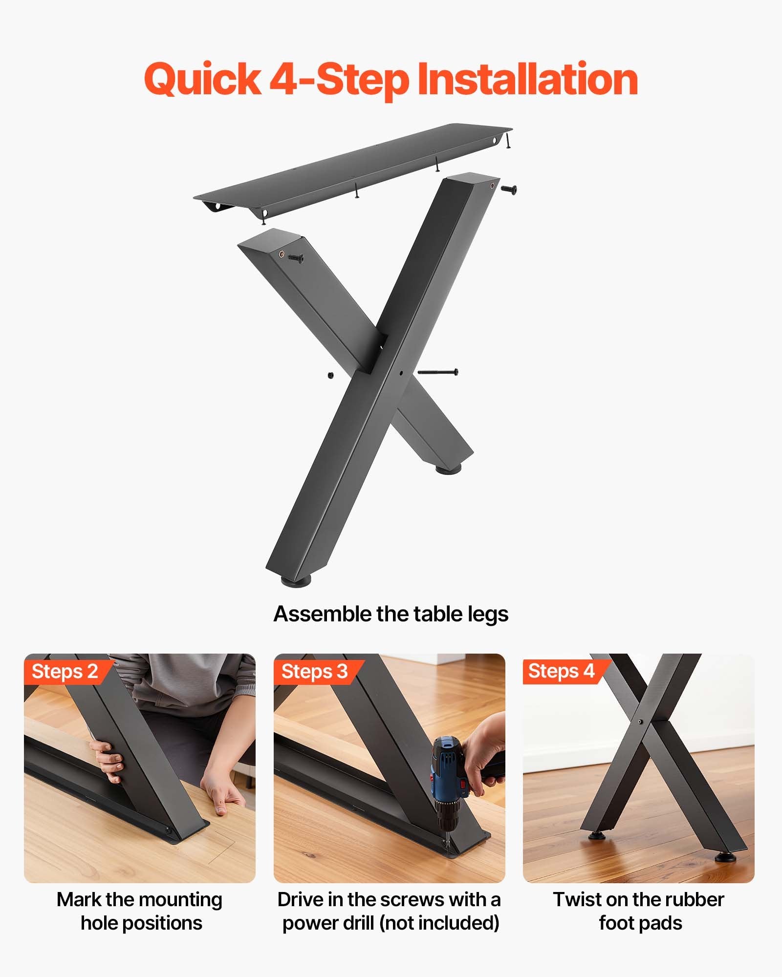Table Legs 750x790mm Steel X Frame 1000kg Heavy Duty Easy Assembly 2PCS Black