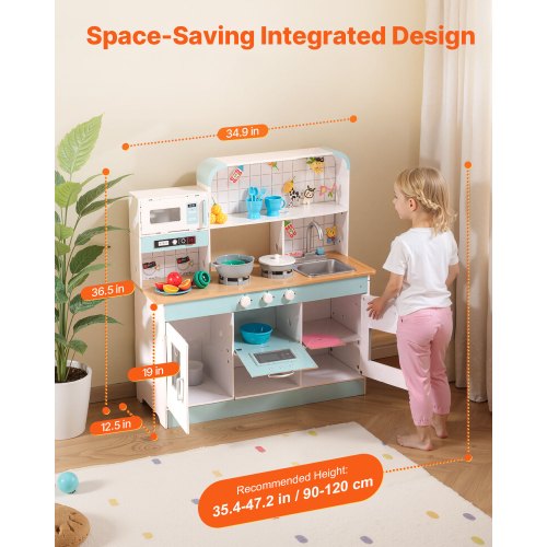 VEVOR Kids Wooden Play Kitchen Set with Lights Sounds Oven, Microwave, Fridge