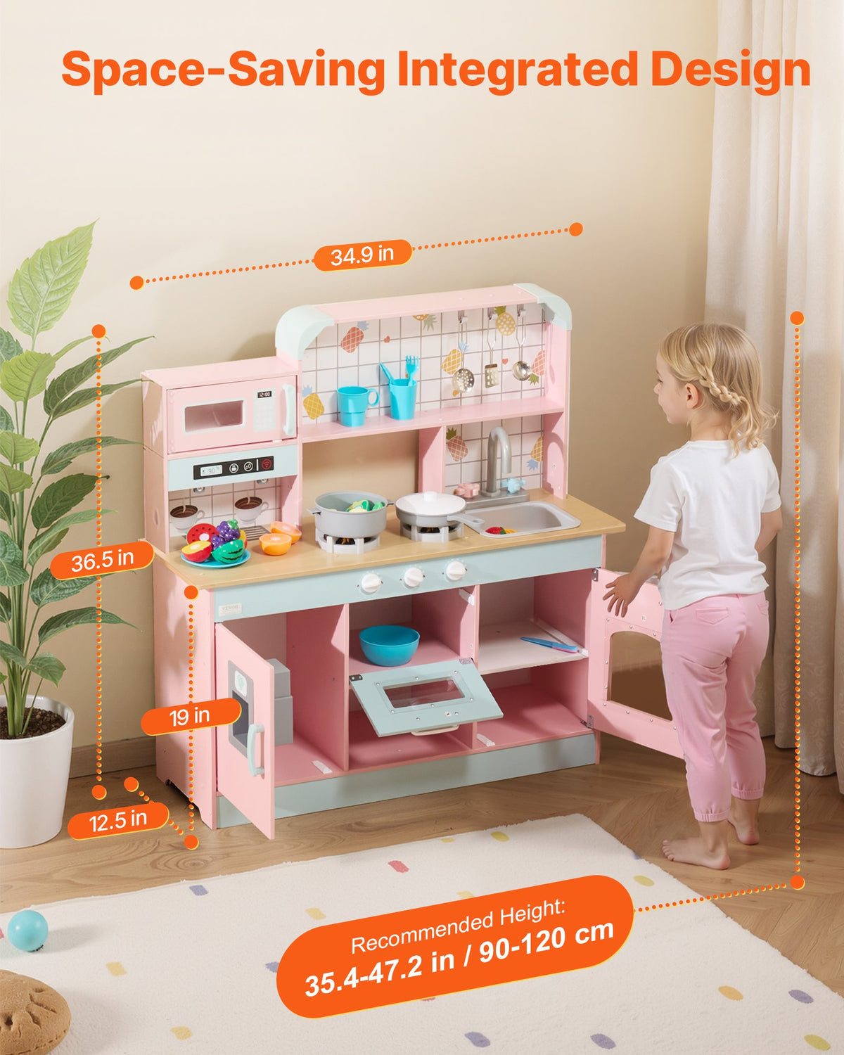 Play Kitchen for Kids Wooden Toy Set with Lights Sounds Ice Maker Oven Sink Pink
