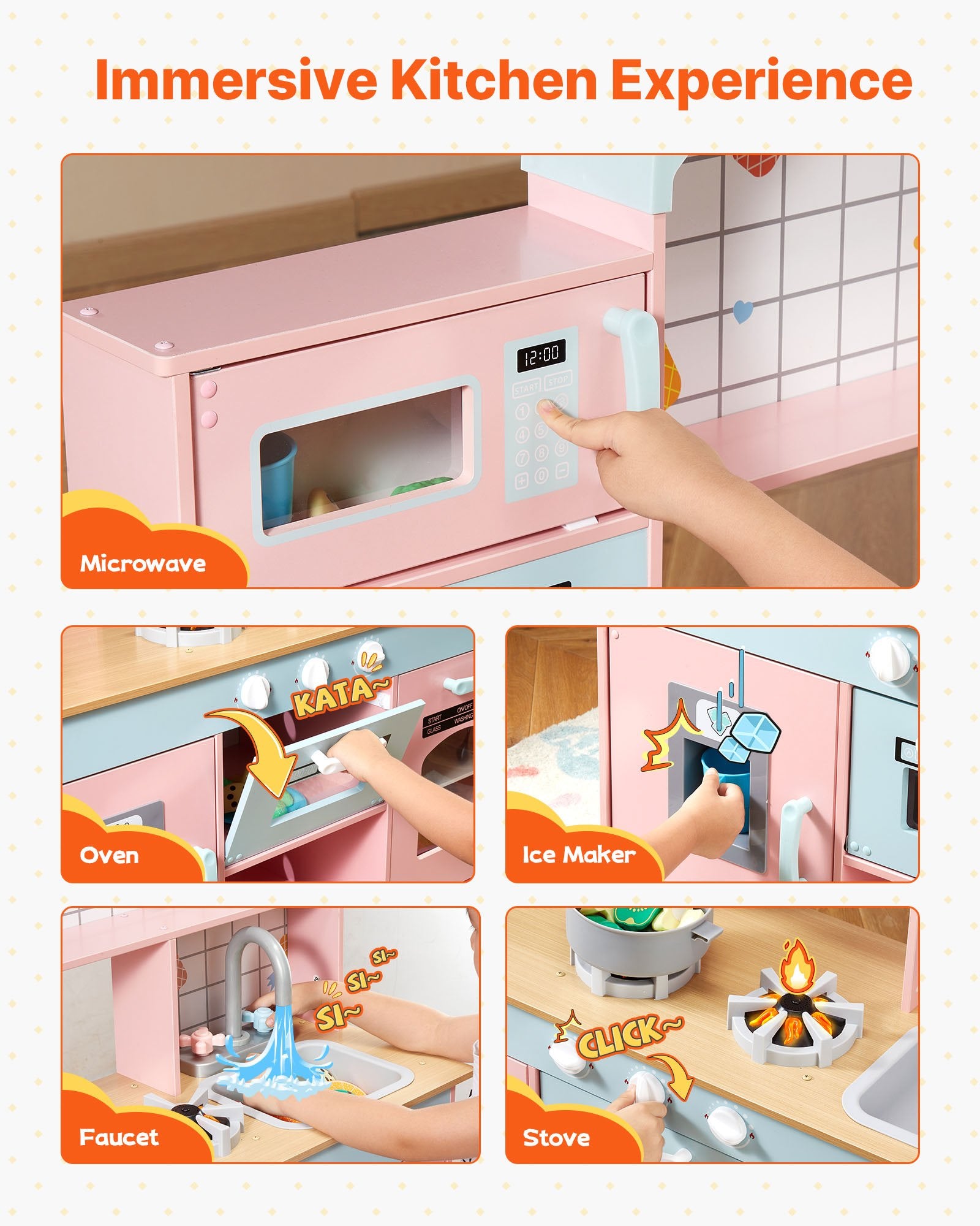 Play Kitchen for Kids Wooden Toy Set with Lights Sounds Ice Maker Oven Sink Pink