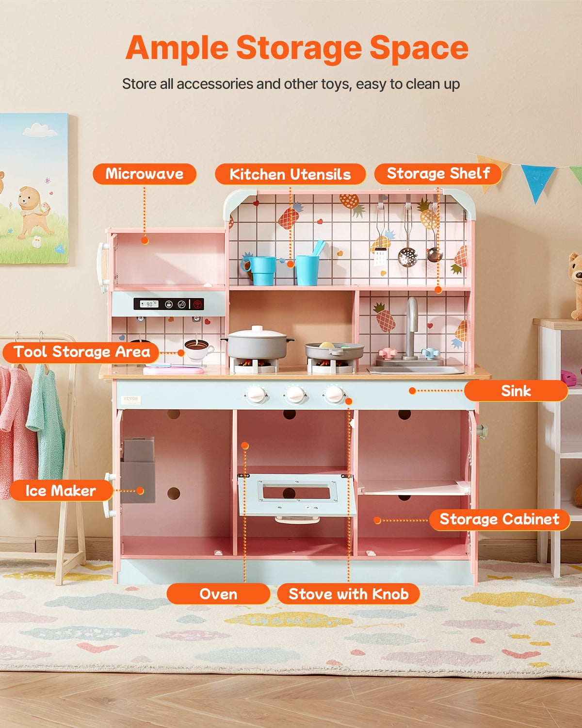 Play Kitchen for Kids Wooden Toy Set with Lights Sounds Ice Maker Oven Sink Pink