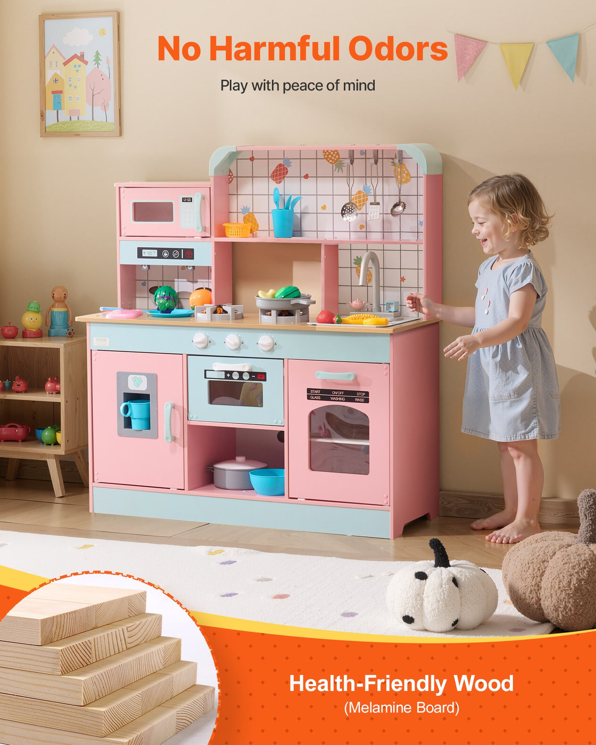 Play Kitchen for Kids Wooden Toy Set with Lights Sounds Ice Maker Oven Sink Pink