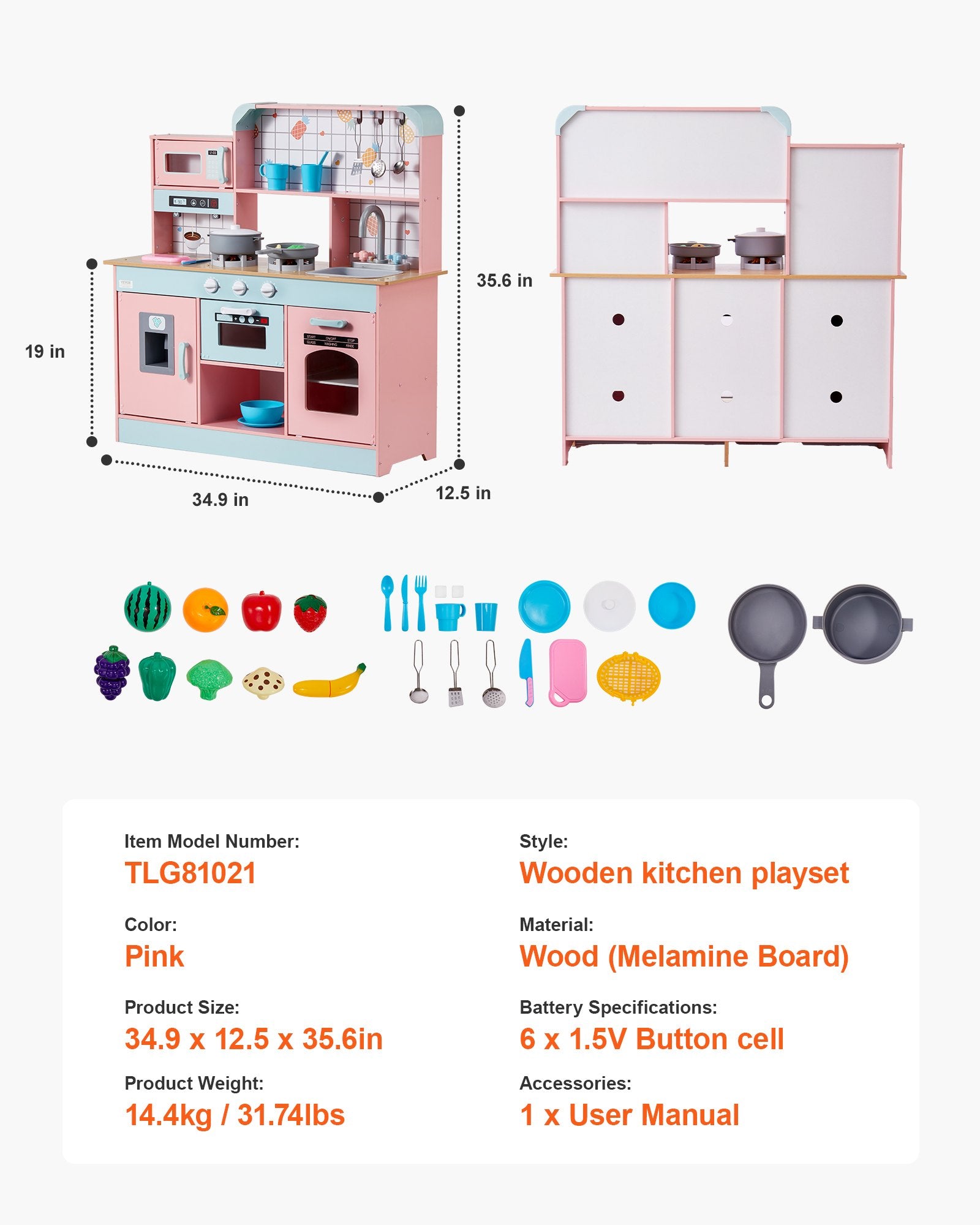 Play Kitchen for Kids Wooden Toy Set with Lights Sounds Ice Maker Oven Sink Pink