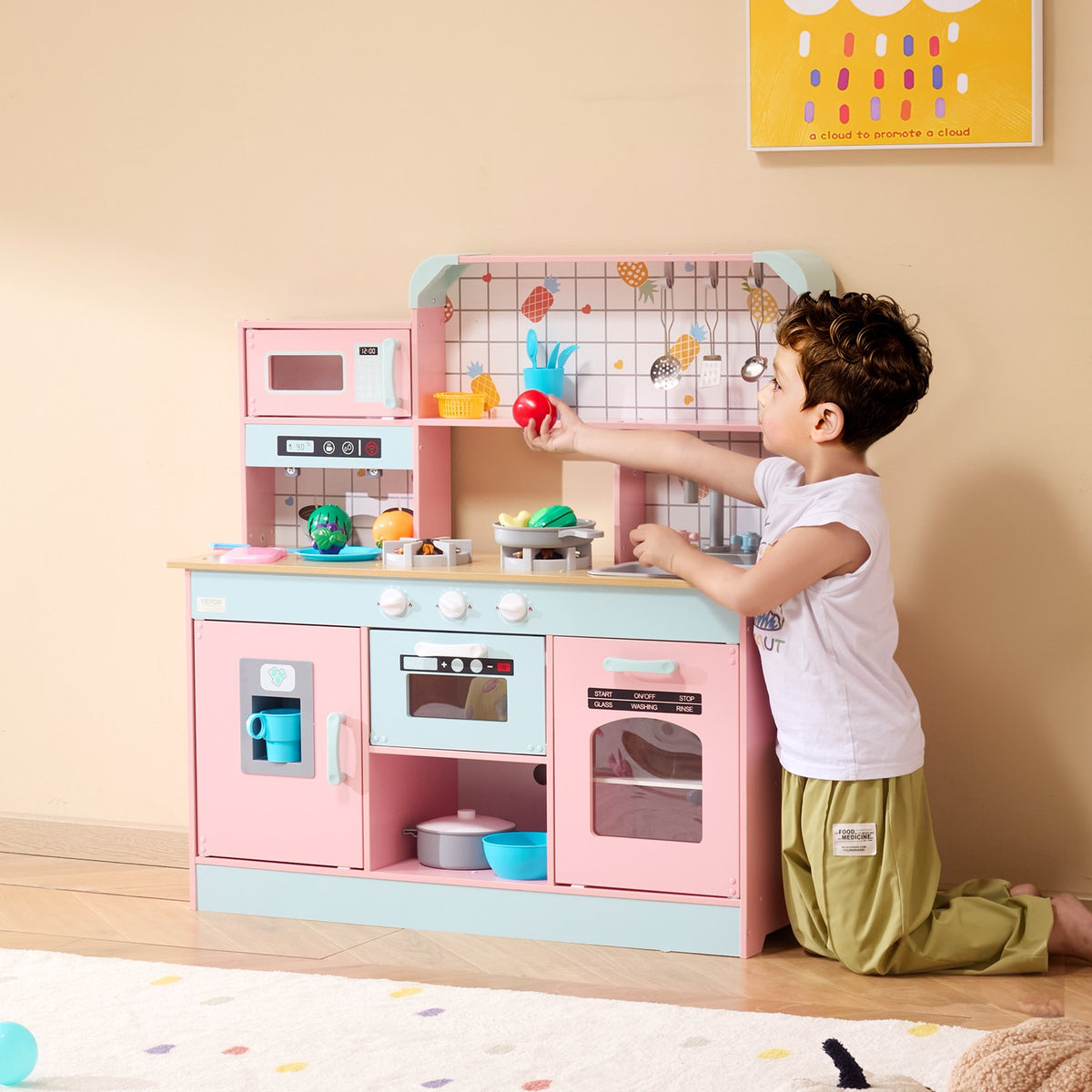 Play Kitchen for Kids Wooden Toy Set with Lights Sounds Ice Maker Oven Sink Pink