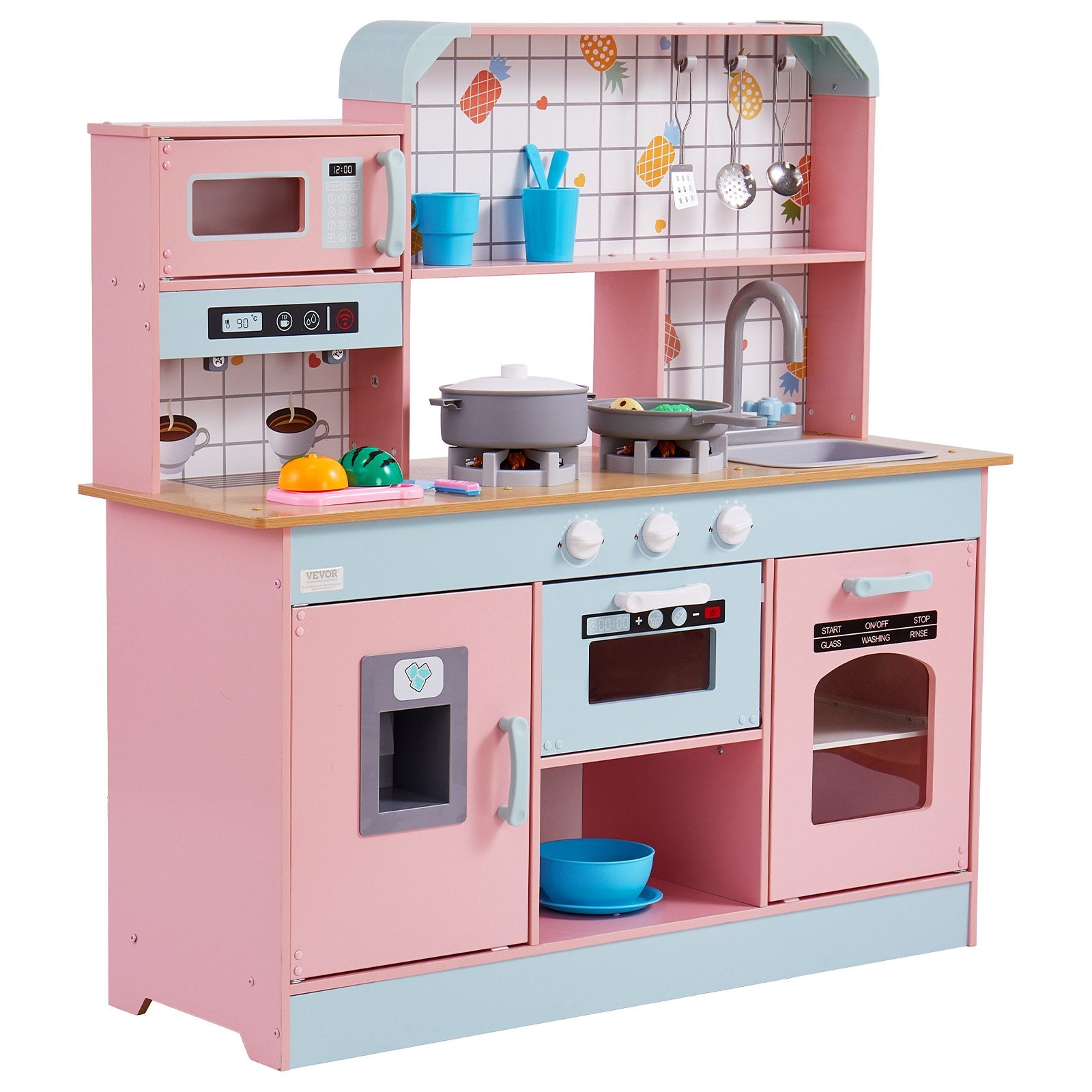 Play Kitchen for Kids Wooden Toy Set with Lights Sounds Ice Maker Oven Sink Pink