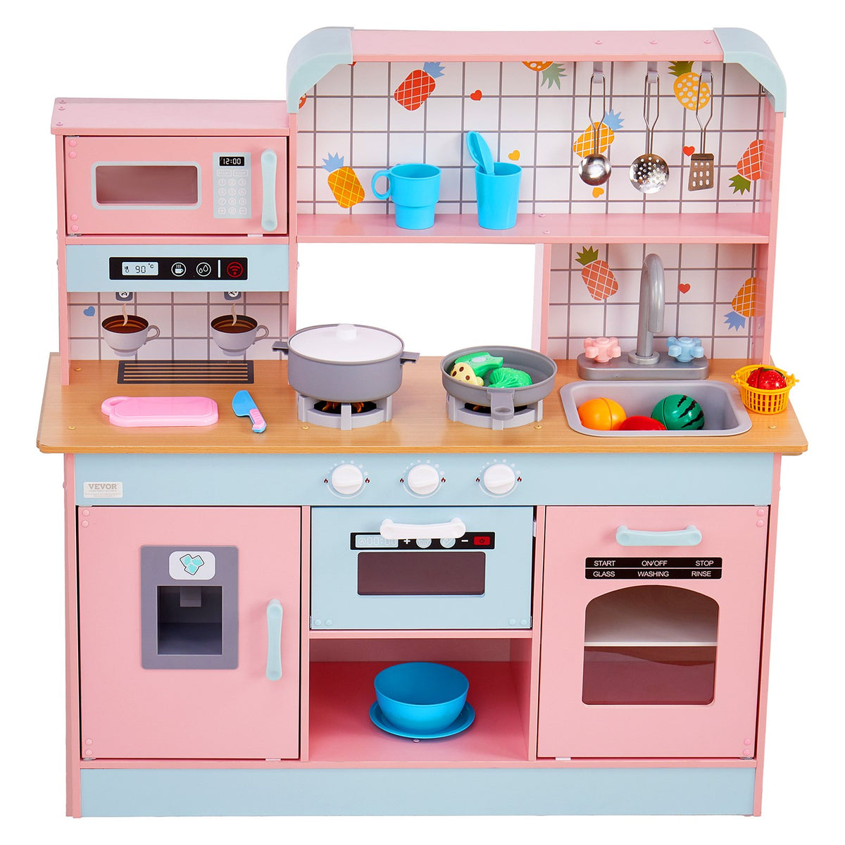 Play Kitchen for Kids Wooden Toy Set with Lights Sounds Ice Maker Oven Sink Pink