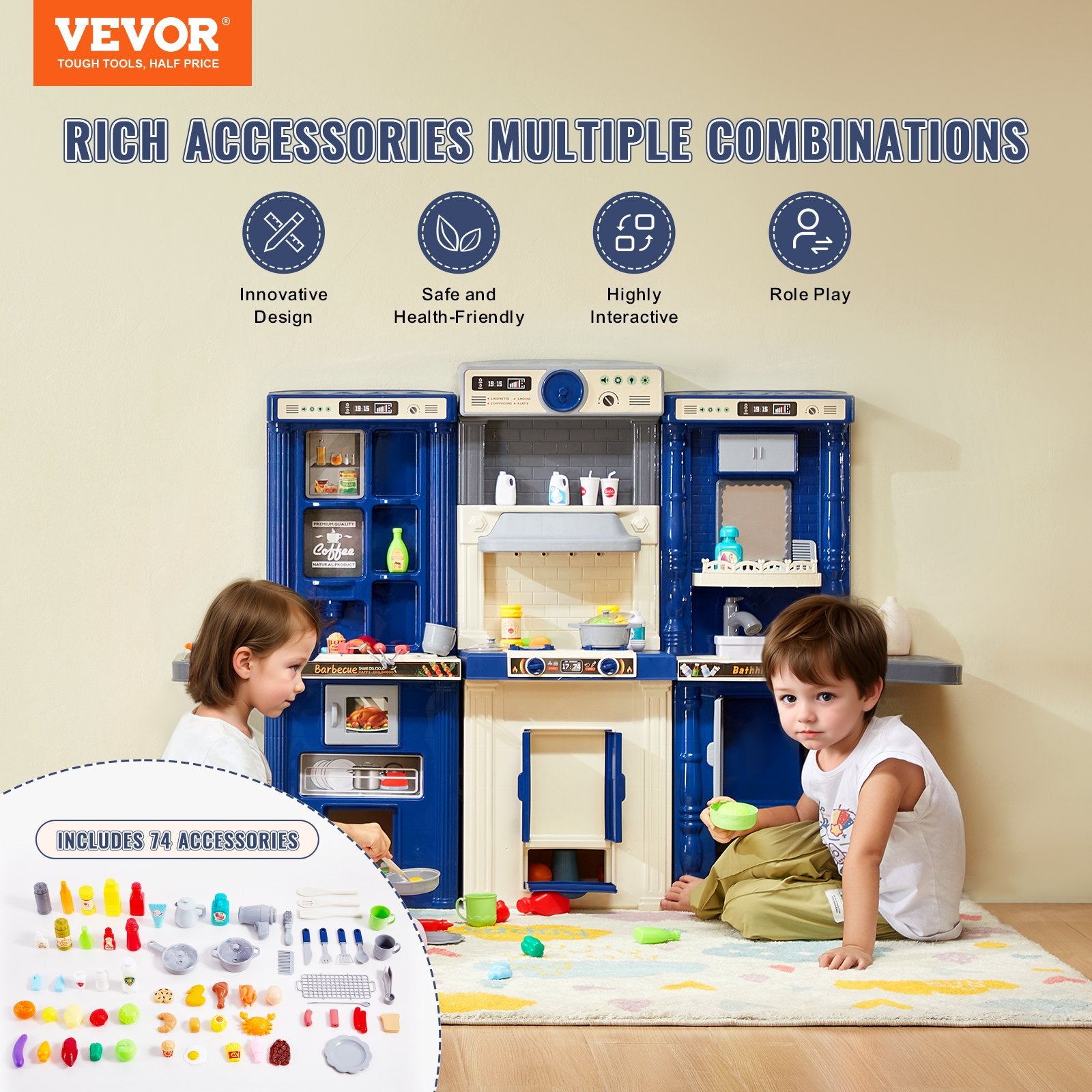 Kids Kitchen Playset 3-in-1 Toddler Kitchen with Sounds Lights 74PCS Accessories