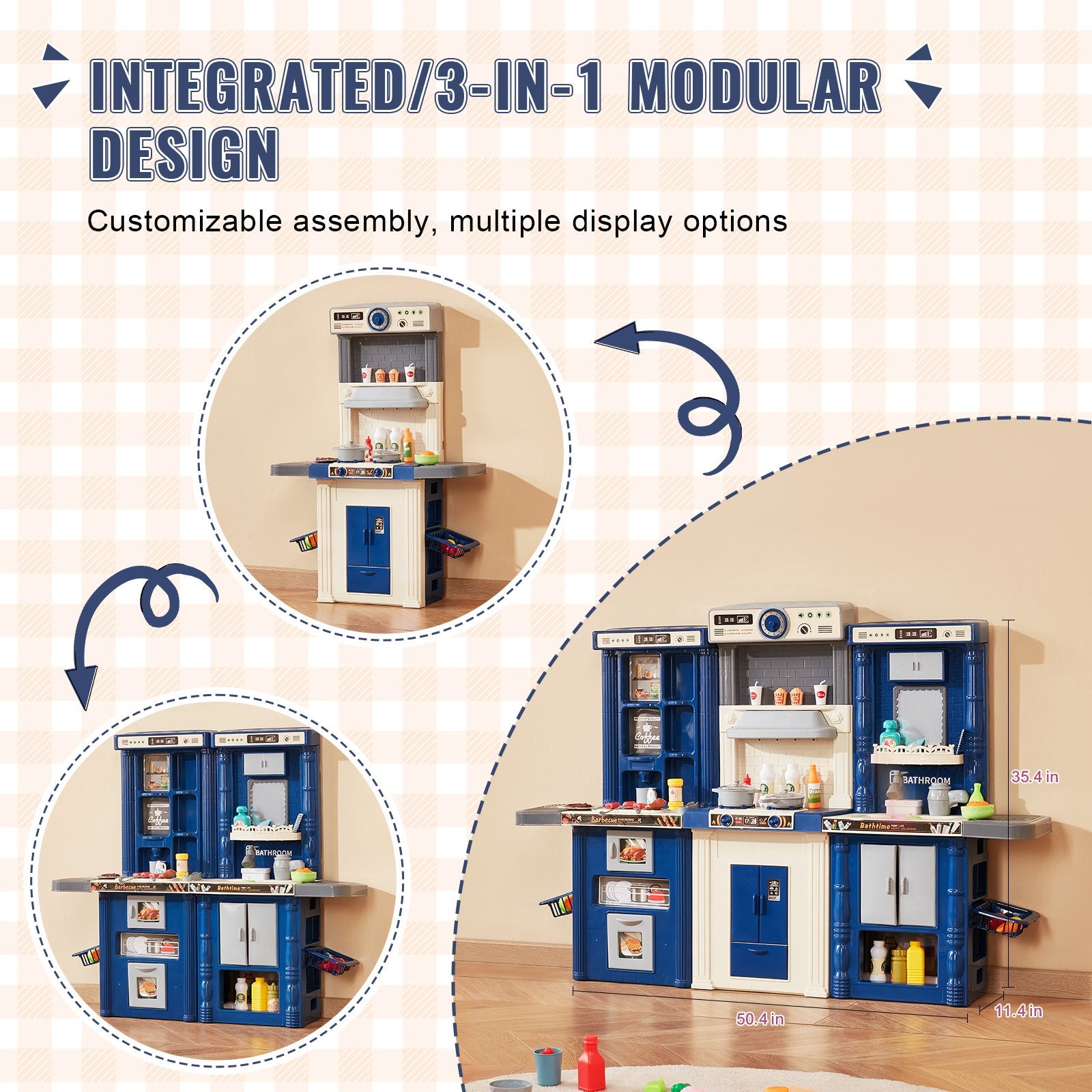 Kids Kitchen Playset 3-in-1 Toddler Kitchen with Sounds Lights 74PCS Accessories
