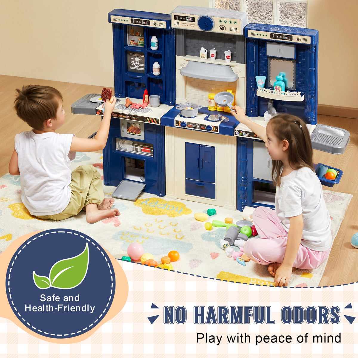 Kids Kitchen Playset 3-in-1 Toddler Kitchen with Sounds Lights 74PCS Accessories