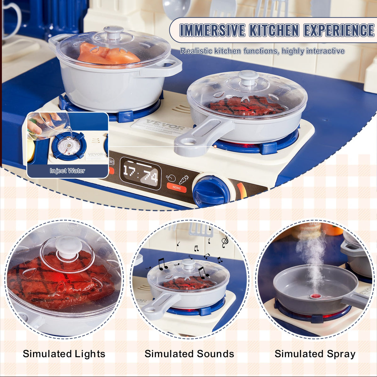 Kids Kitchen Playset 3-in-1 Toddler Kitchen with Sounds Lights 74PCS Accessories