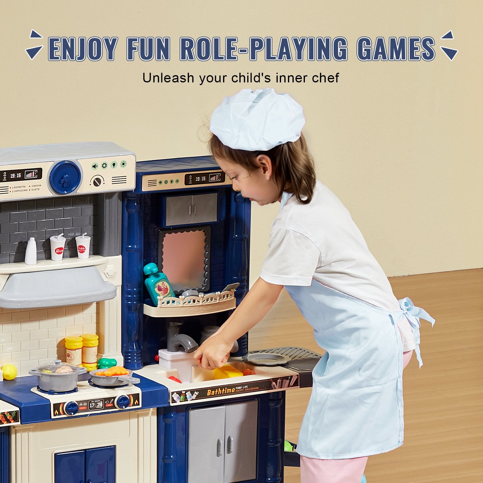 Kids Kitchen Playset 3-in-1 Toddler Kitchen with Sounds Lights 74PCS Accessories
