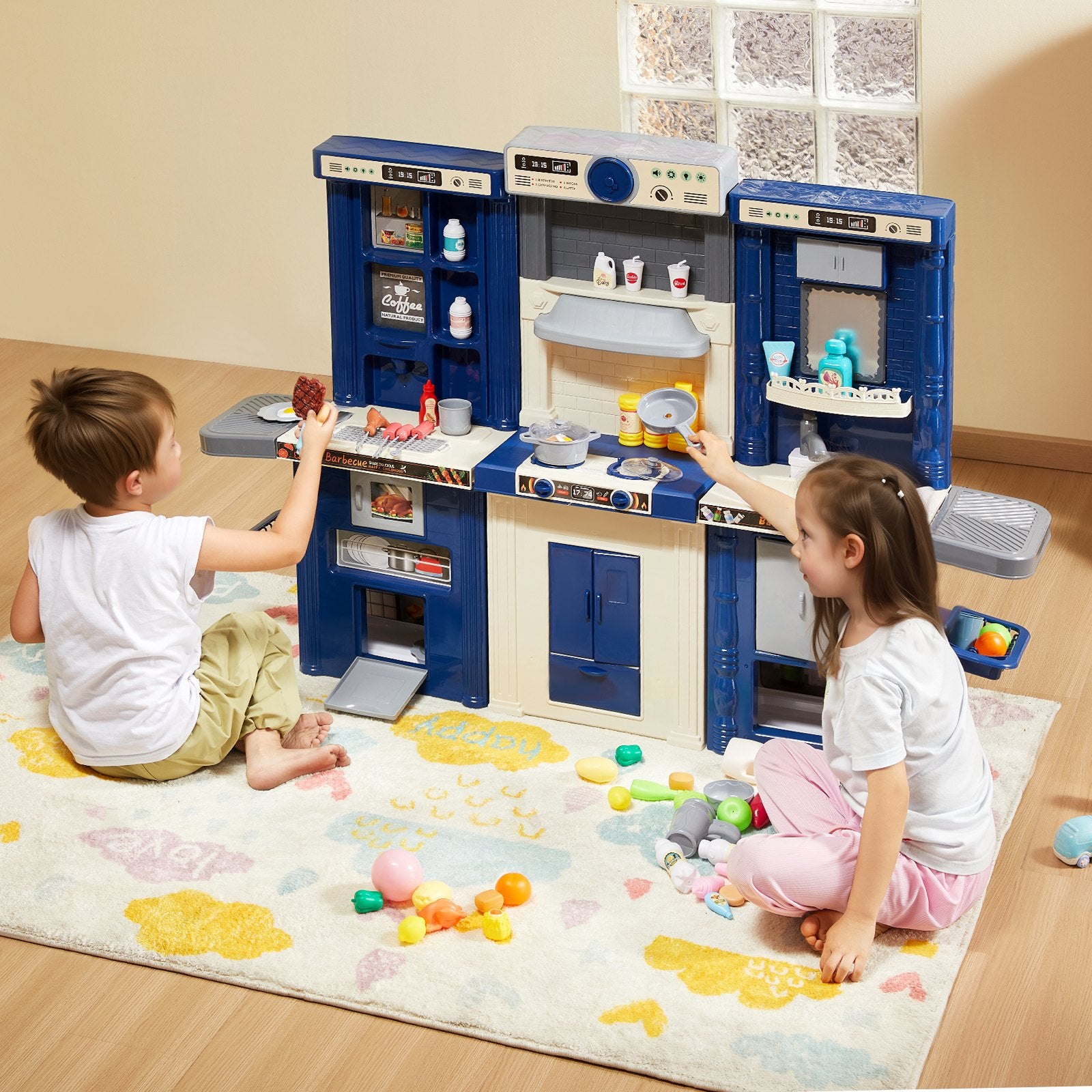 Kids Kitchen Playset 3-in-1 Toddler Kitchen with Sounds Lights 74PCS Accessories