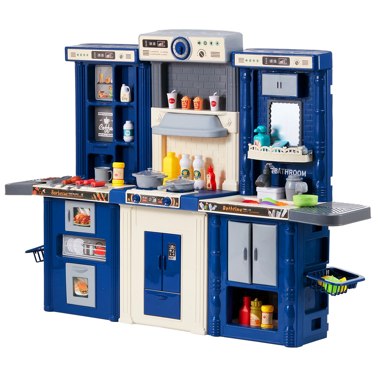Kids Kitchen Playset 3-in-1 Toddler Kitchen with Sounds Lights 74PCS Accessories