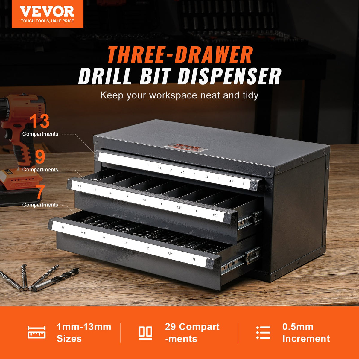 Drill Bit Dispenser Cabinet, Steel Three-Drawer Organizer with Labels 1mm-13mm