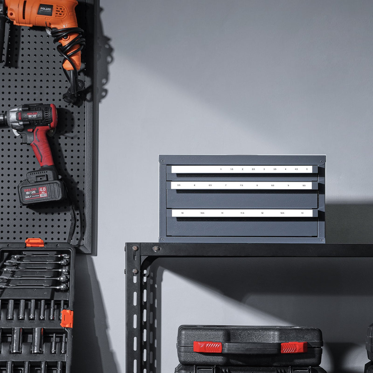 Drill Bit Dispenser Cabinet, Steel Three-Drawer Organizer with Labels 1mm-13mm