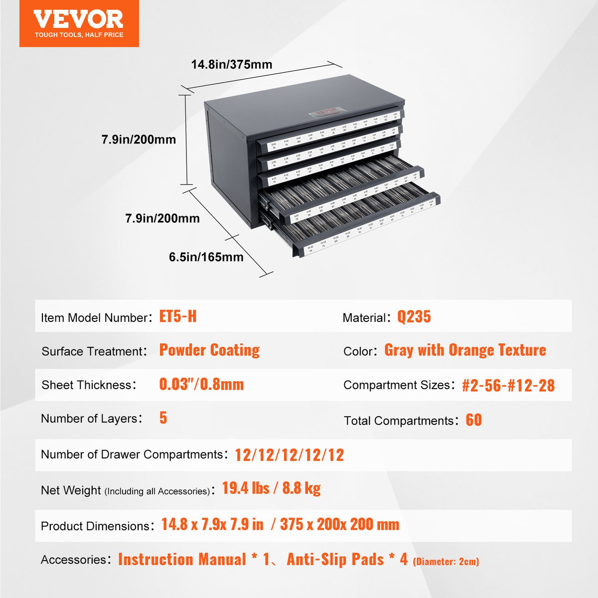 5 Drawer Tap Dispenser Cabinet 60 Compartment Steel Organizer