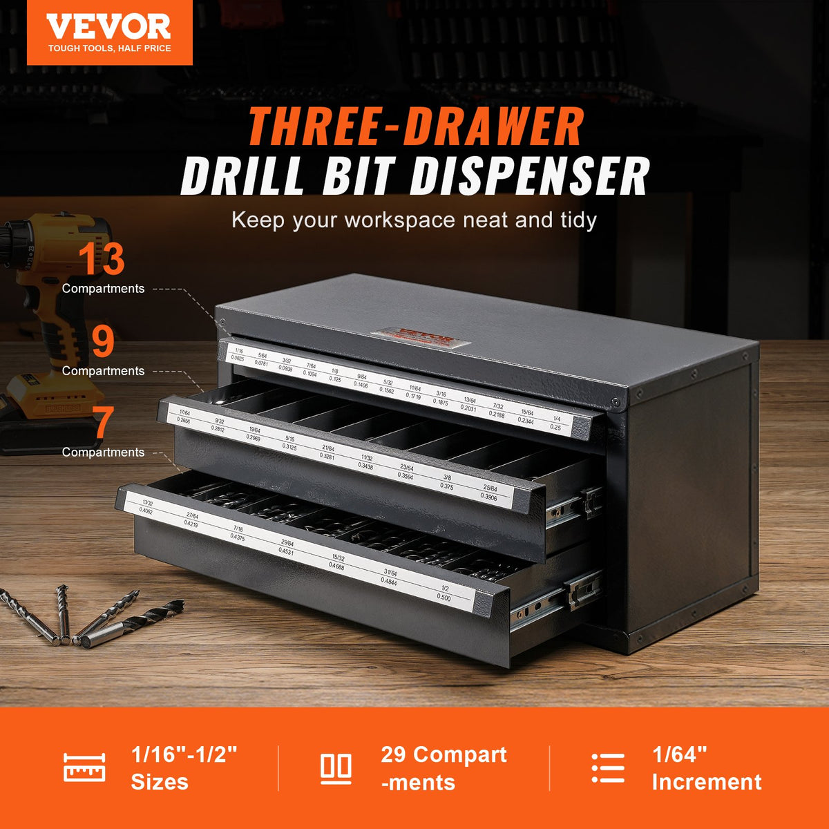 Drill Bit Dispenser Cabinet Three-Drawer Steel Organizer 1/16" to 1/2"