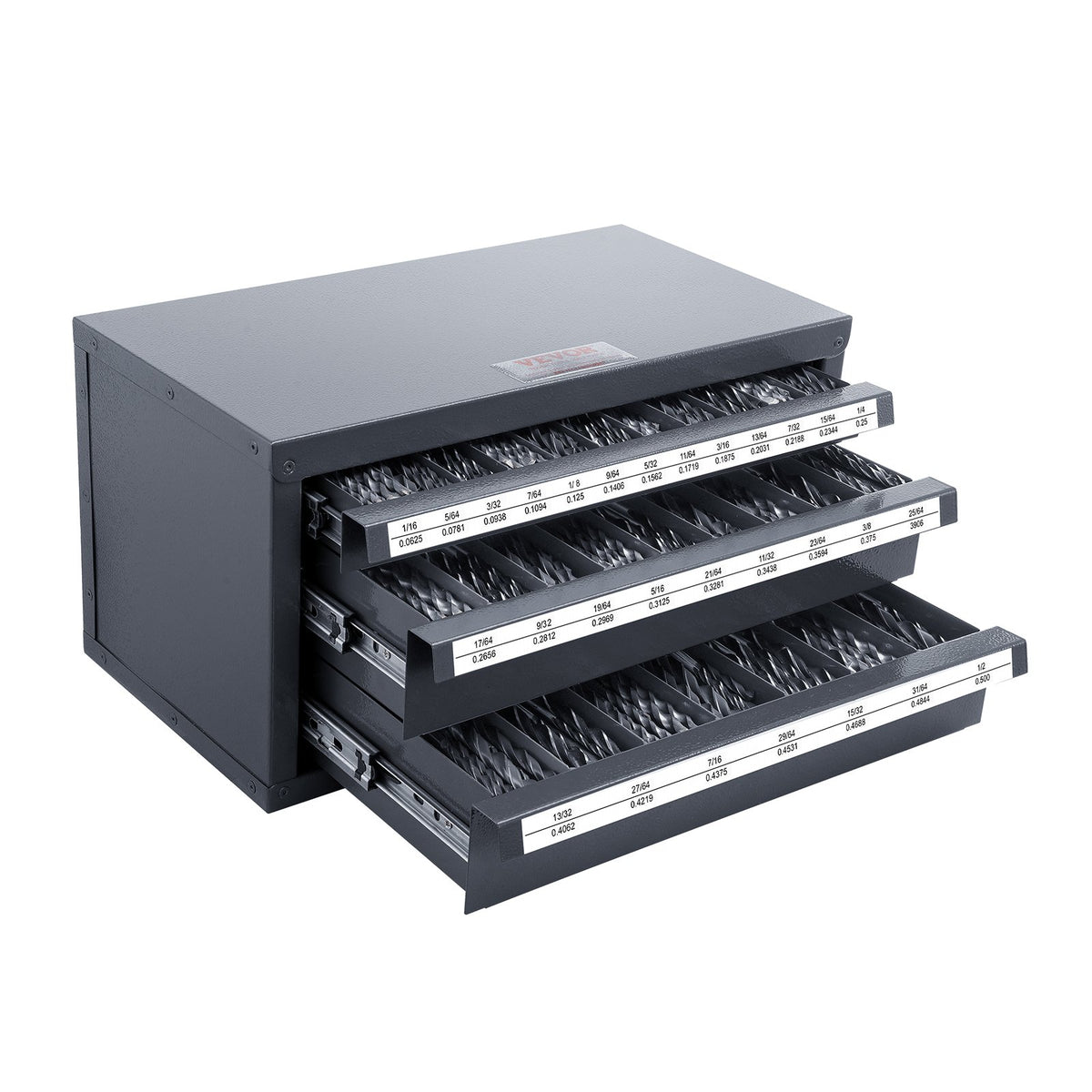 Drill Bit Dispenser Cabinet Three-Drawer Steel Organizer 1/16" to 1/2"