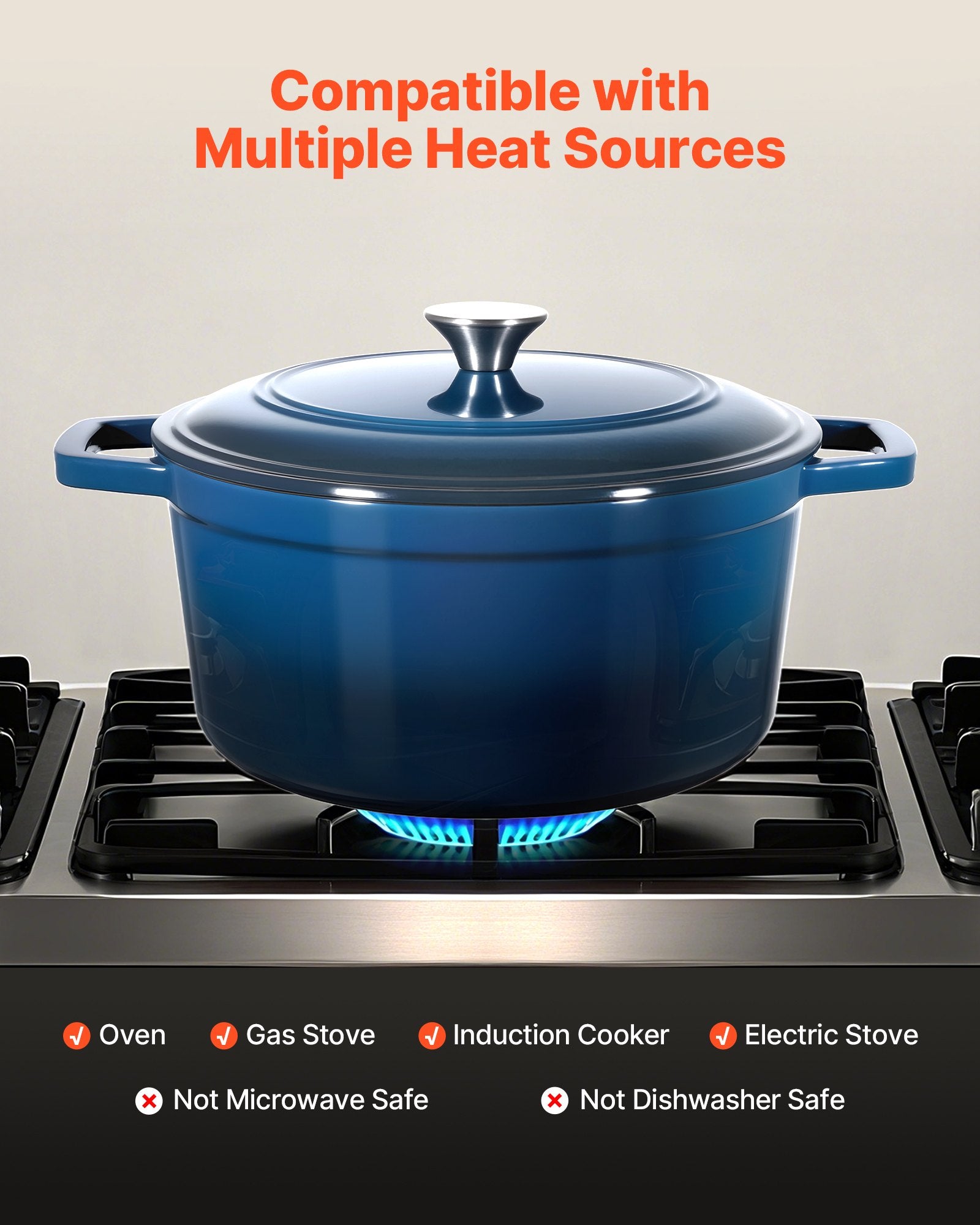 Enameled Cast Iron Dutch Oven 5.7L Lid Dual Handles Oven Induction Safe Blue