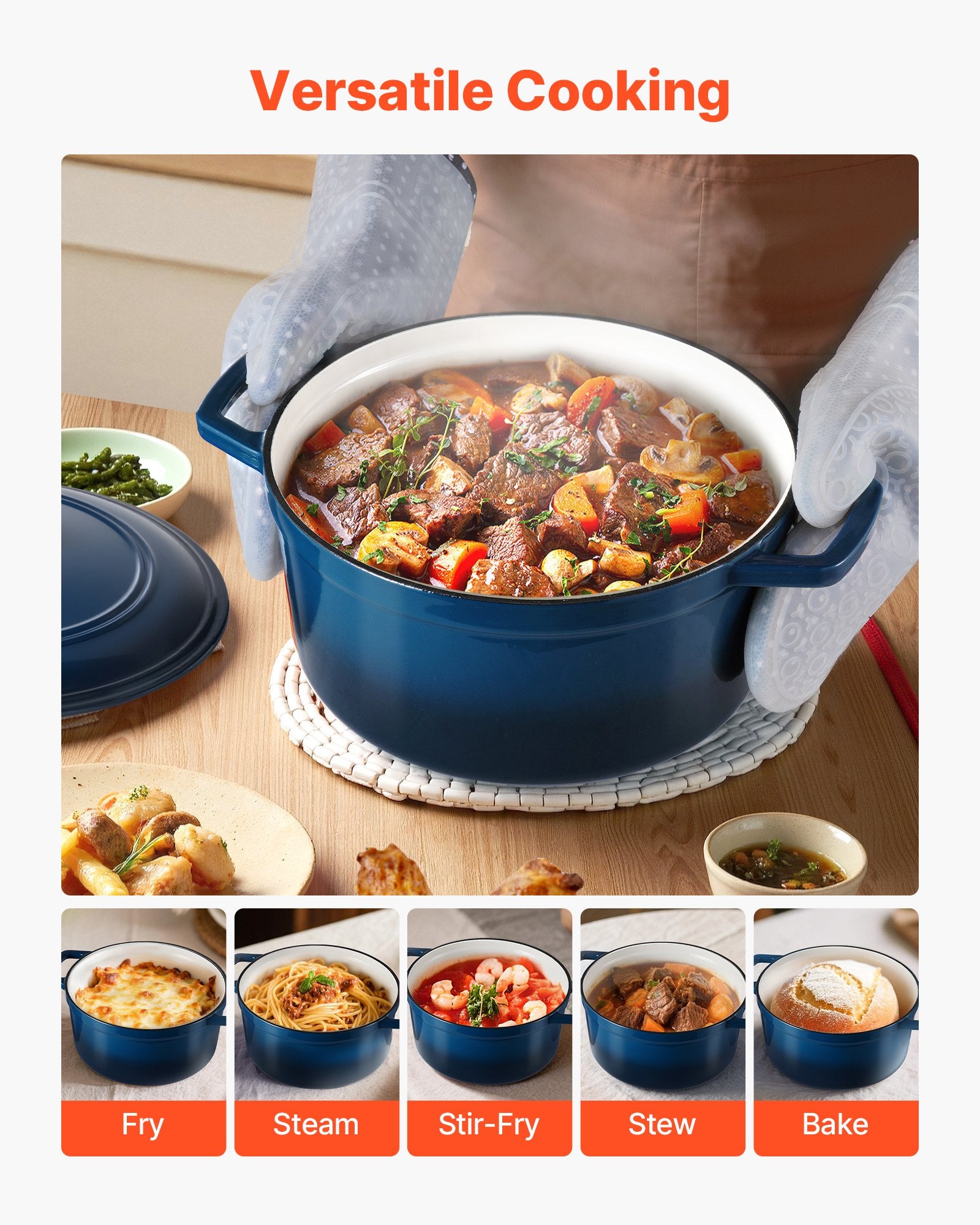 Enameled Cast Iron Dutch Oven 5.7L Lid Dual Handles Oven Induction Safe Blue