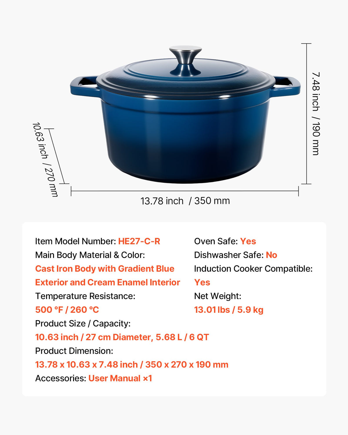 Enameled Cast Iron Dutch Oven 5.7L Lid Dual Handles Oven Induction Safe Blue