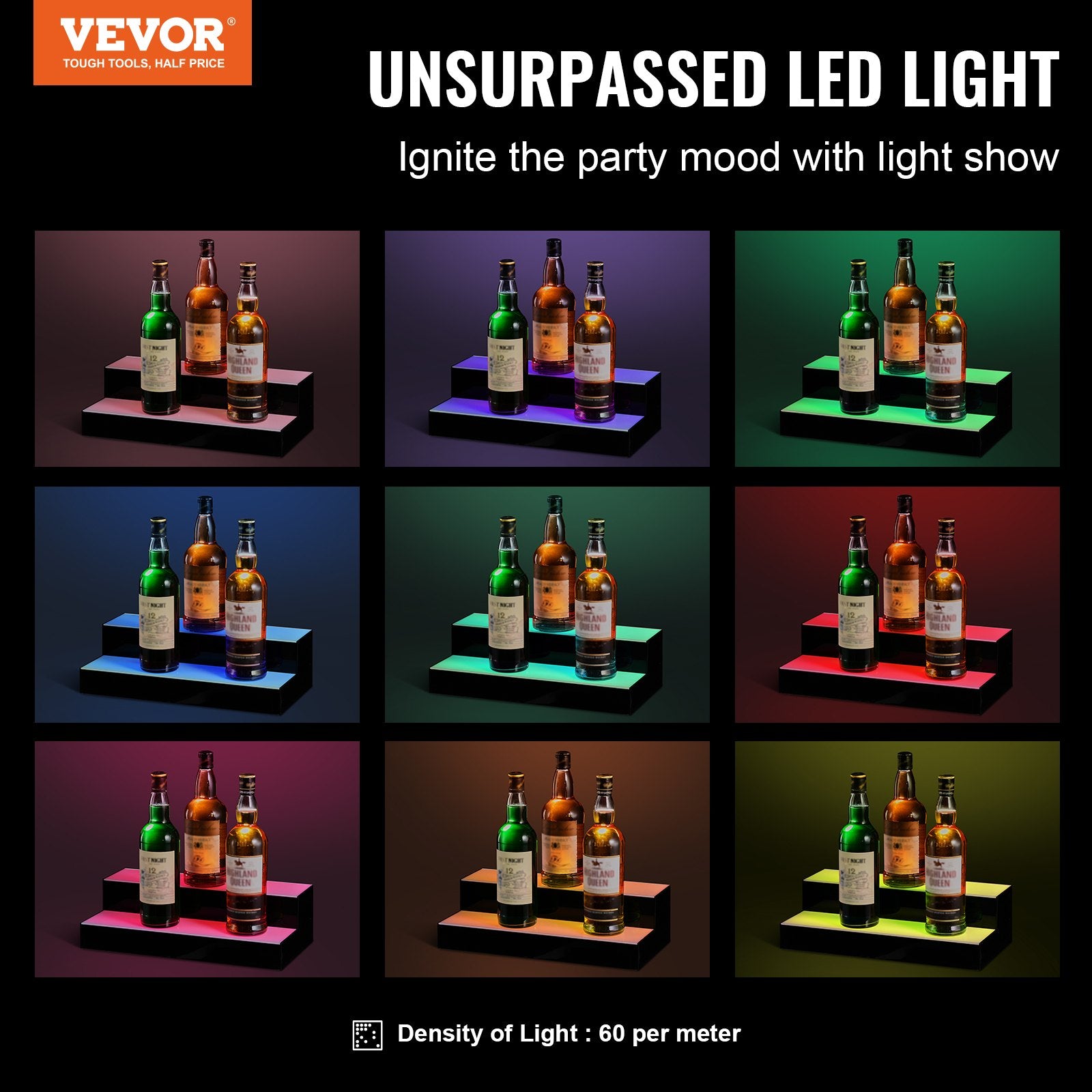 LED Lighted Liquor Bottle Display 2-Tier 16in Acrylic Bar Shelf Multicolor