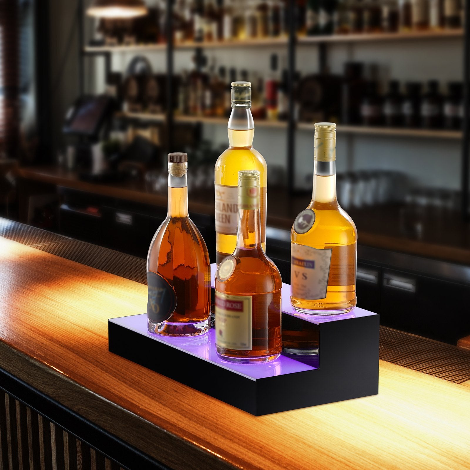 LED Lighted Liquor Bottle Display 2-Tier 16in Acrylic Bar Shelf Multicolor
