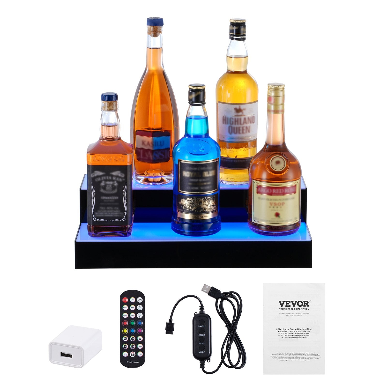 LED Lighted Liquor Bottle Display 2-Tier 16in Acrylic Bar Shelf Multicolor
