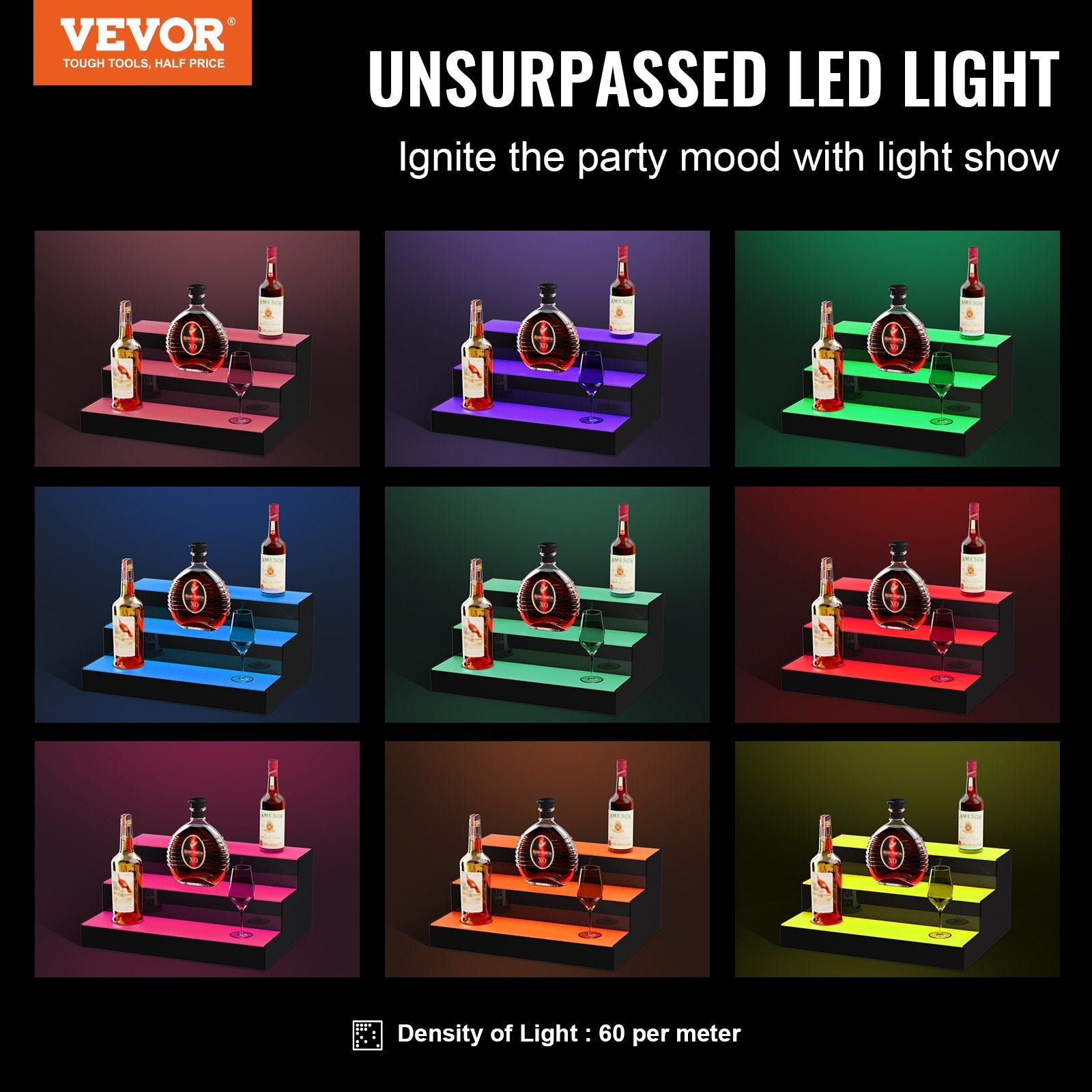 LED Lighted Liquor Bottle Display 3-Tier 16in Acrylic Bar Shelf Multicolor
