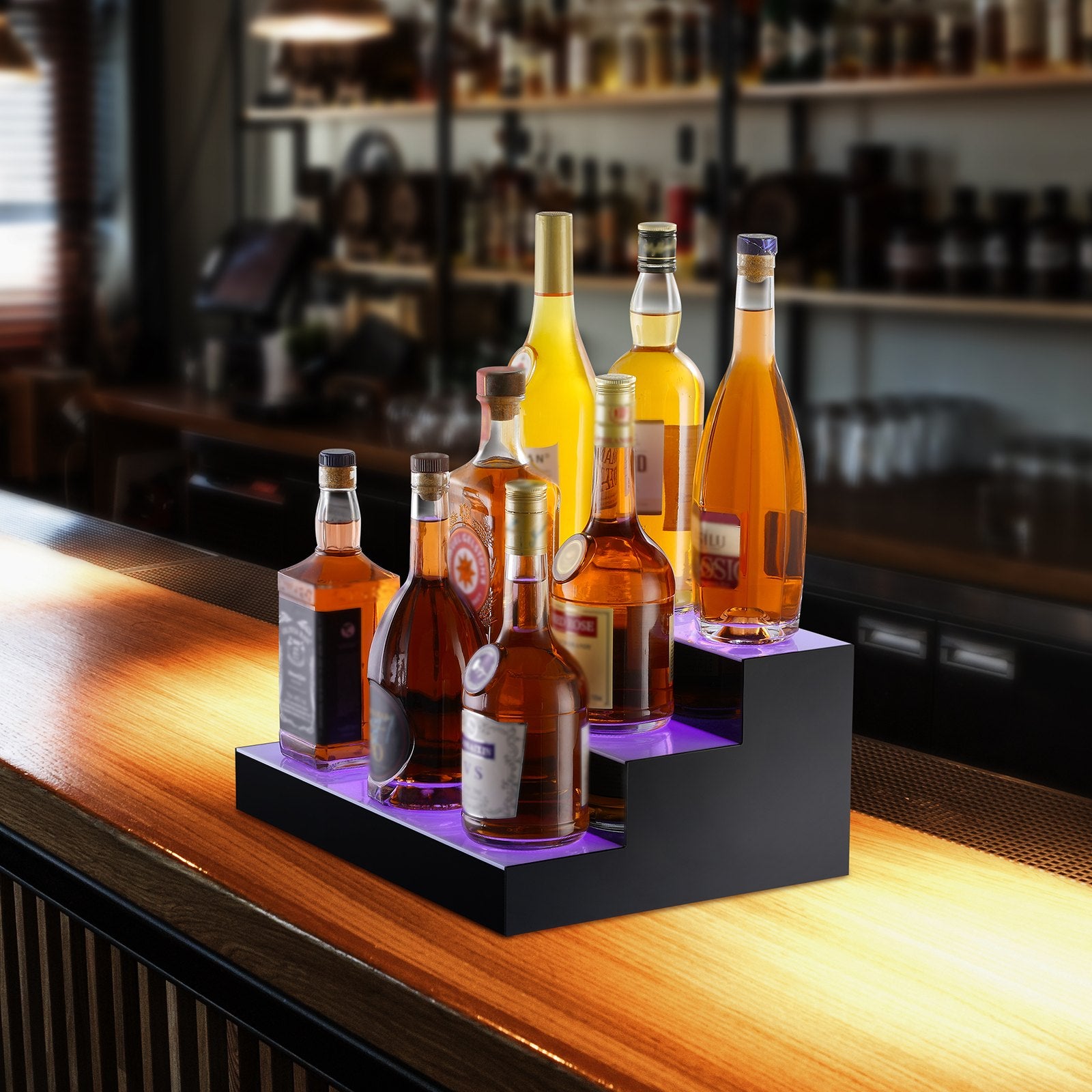 LED Lighted Liquor Bottle Display 3-Tier 16in Acrylic Bar Shelf Multicolor