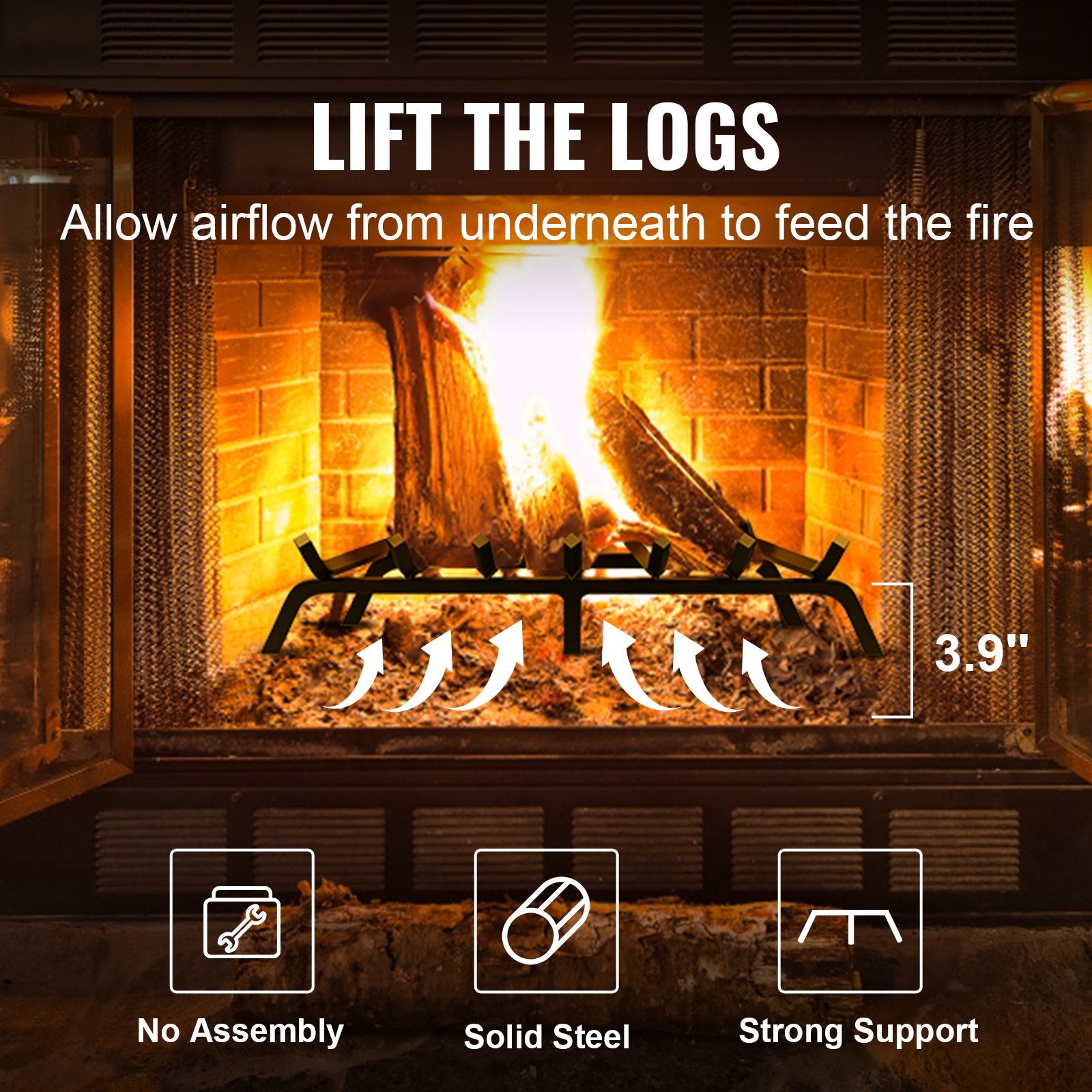 Fireplace Log Grate 762mm 6 Legs 19.05mm Powder-Coated Steel Indoor/Outdoor