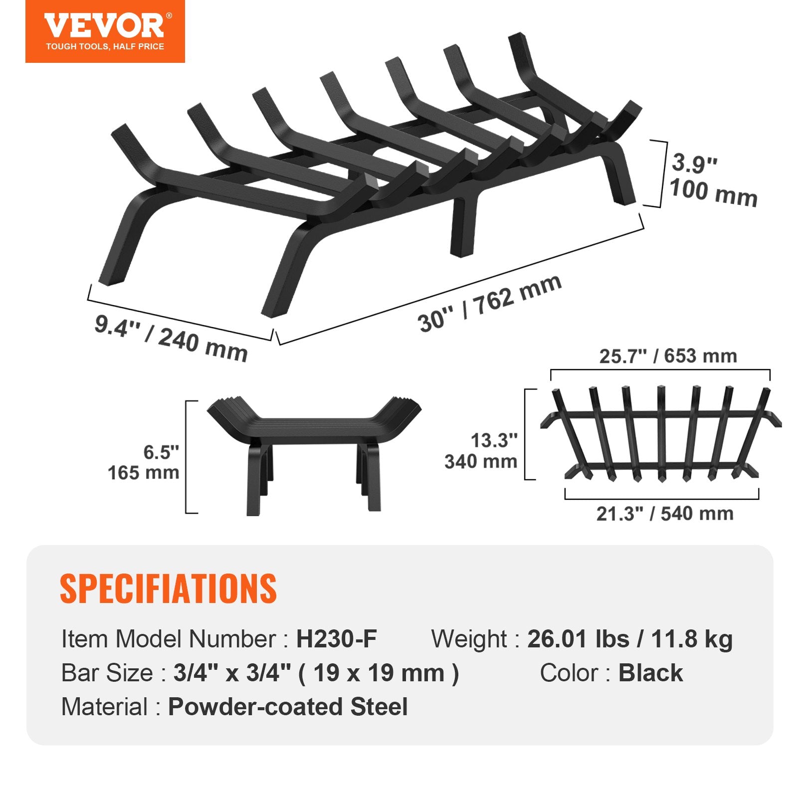 Fireplace Log Grate 762mm 6 Legs 19.05mm Powder-Coated Steel Indoor/Outdoor