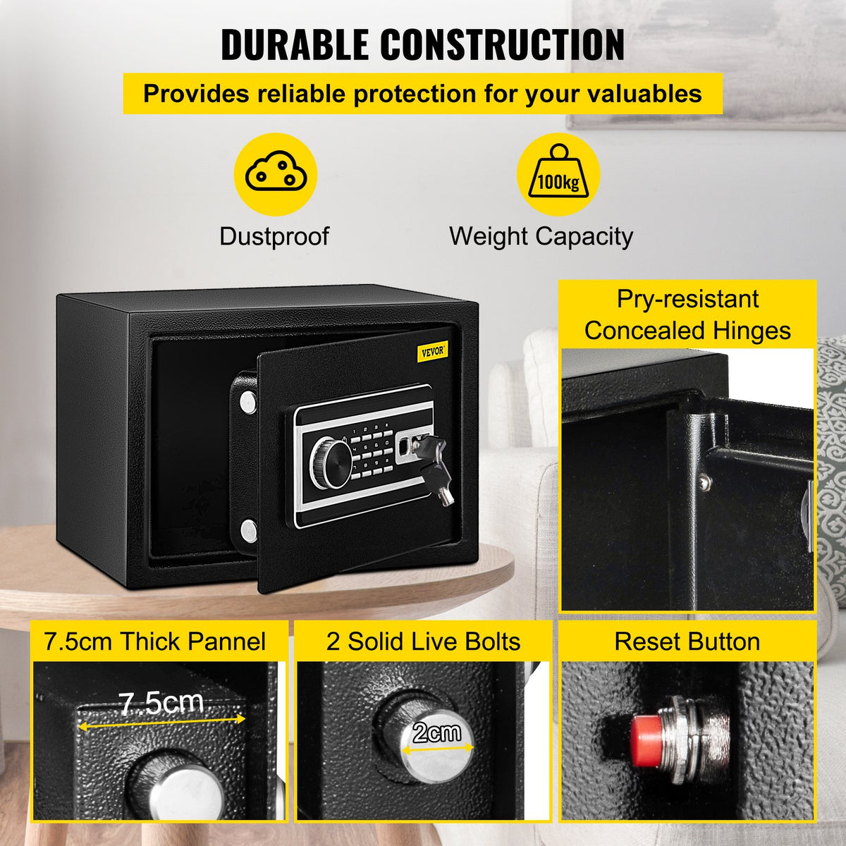 Safe Box 0.0227m³ Fingerprint Digital Keypad Fireproof Wall-Mounted 2 Keys