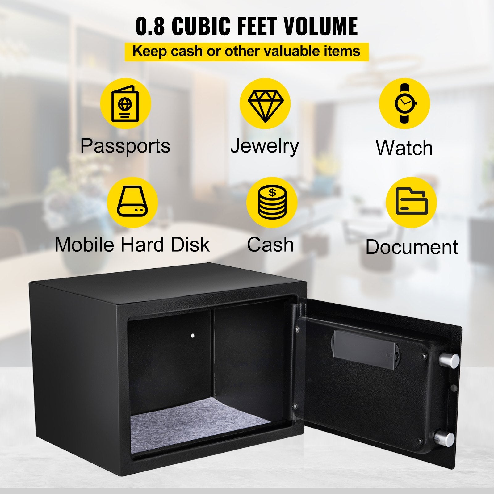 Safe Box 0.0227m³ Fingerprint Digital Keypad Fireproof Wall-Mounted 2 Keys