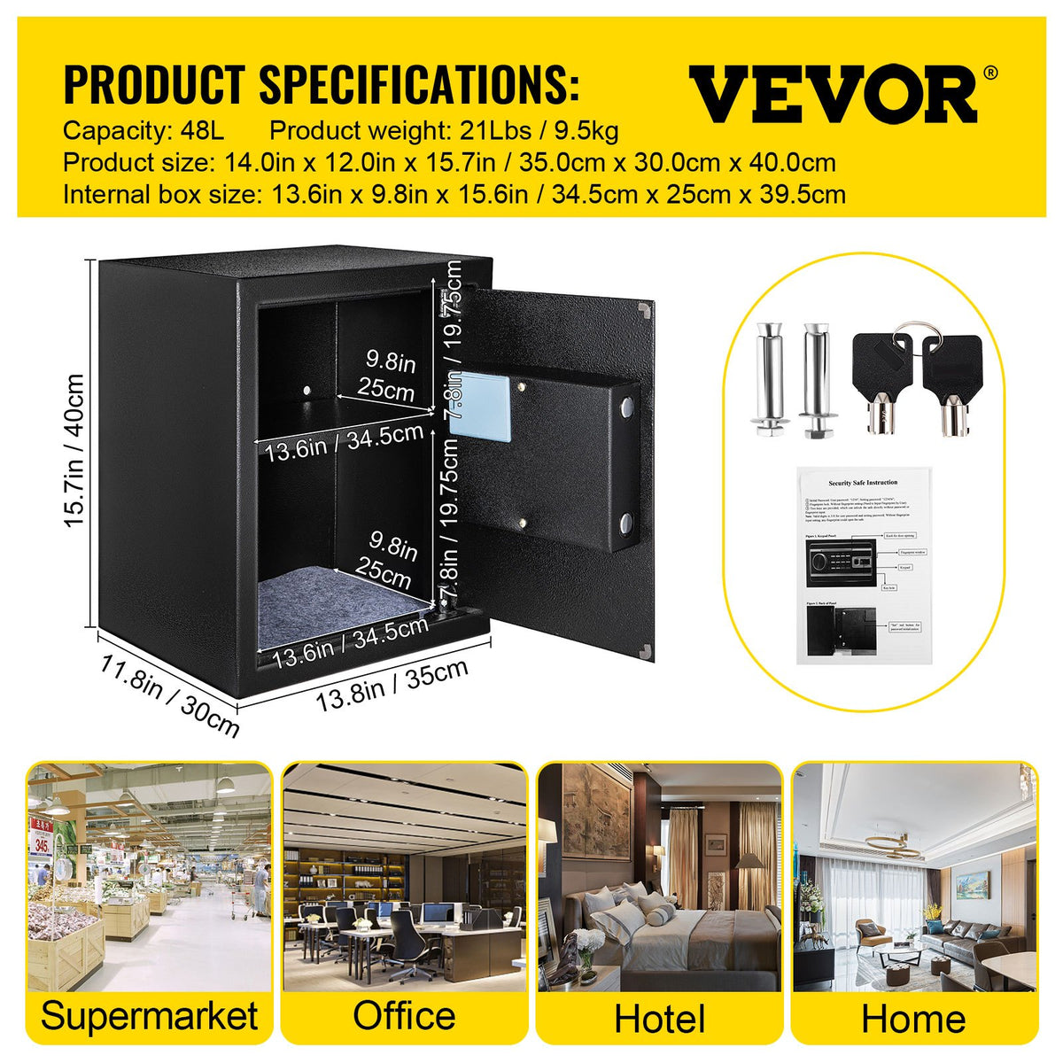 1.7 Cu Ft Fingerprint Safe Box with Keypad and 2 Keys for Home Office Hotel
