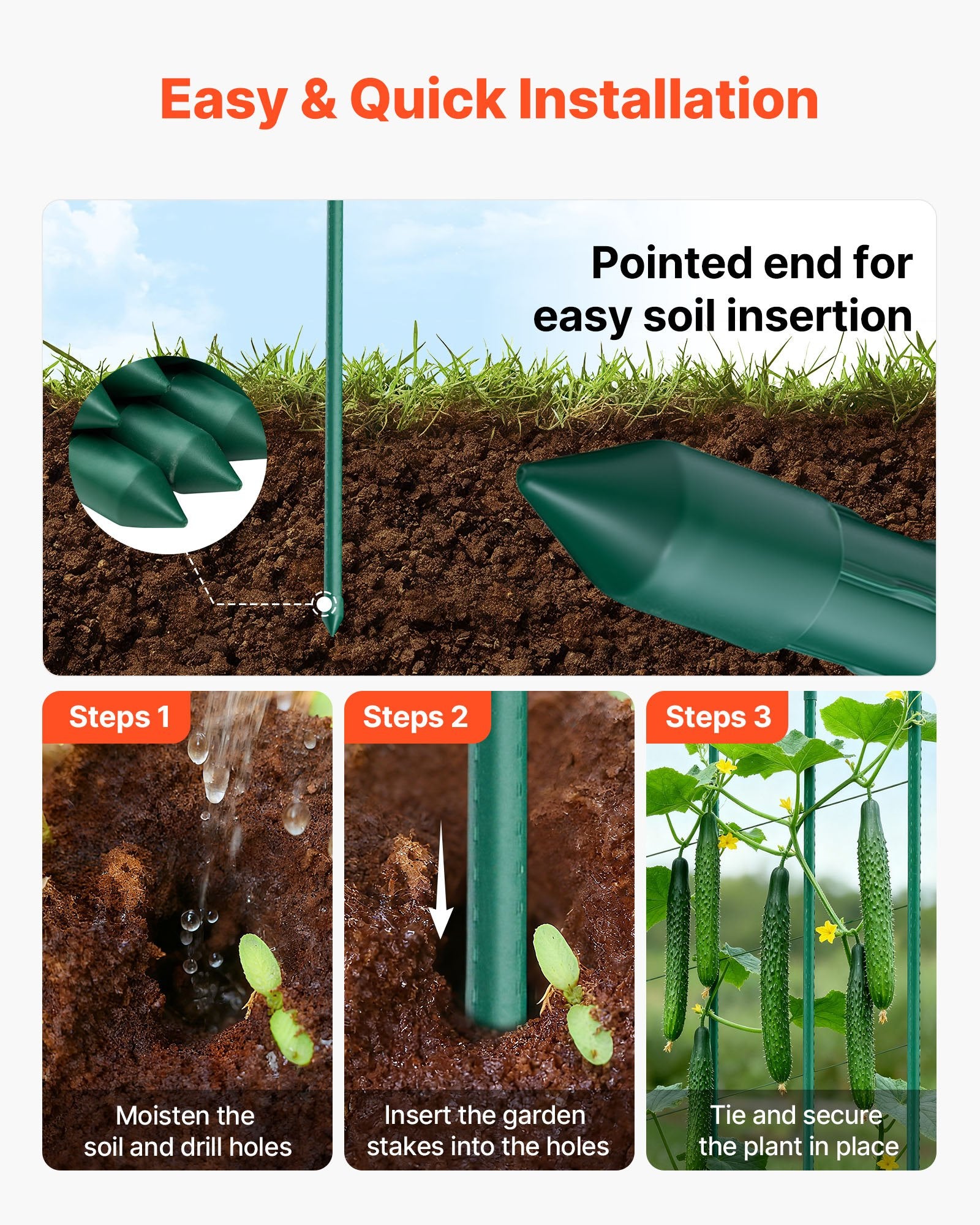 Garden Stakes 50 Pack 1455mm Plastic-Coated Metal Tomato Stakes Pointed Ends