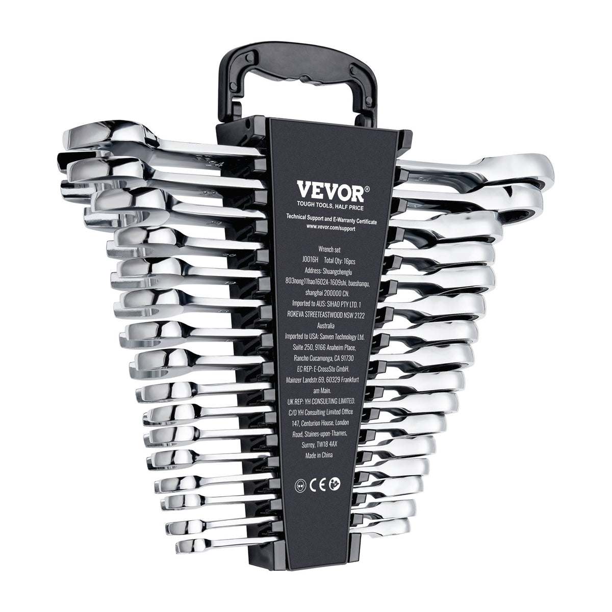 Combination Wrench Set 16-Piece Ratcheting Metric 8-24mm Organizer Rack Cr-V