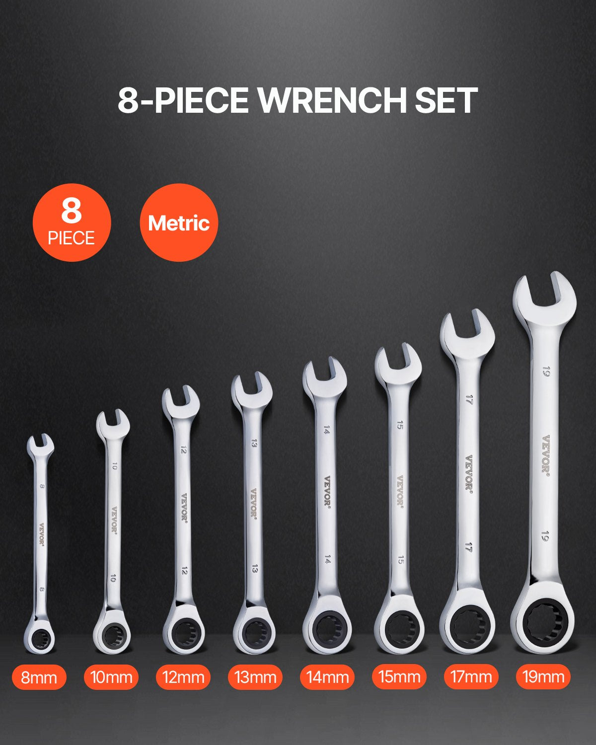 Combination Wrench Set Metric 8-19mm 8-Piece Ratcheting with Organizer Rack