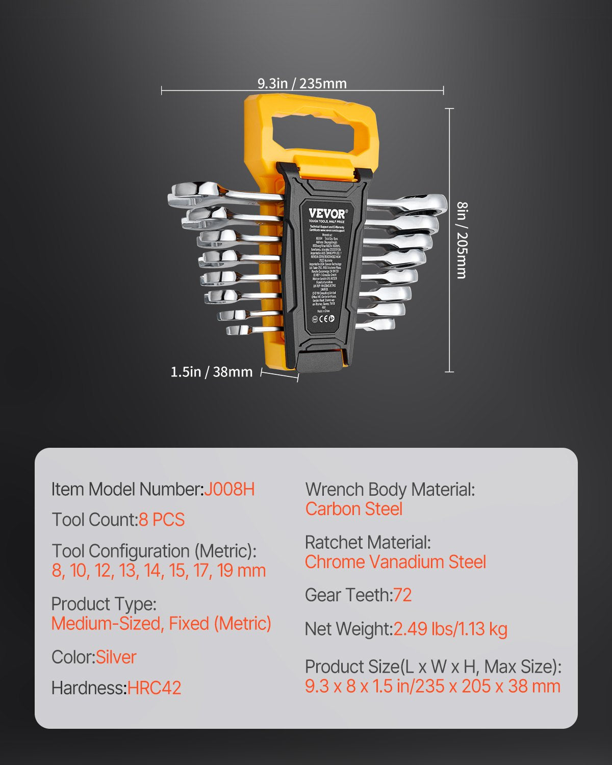 Combination Wrench Set Metric 8-19mm 8-Piece Ratcheting with Organizer Rack