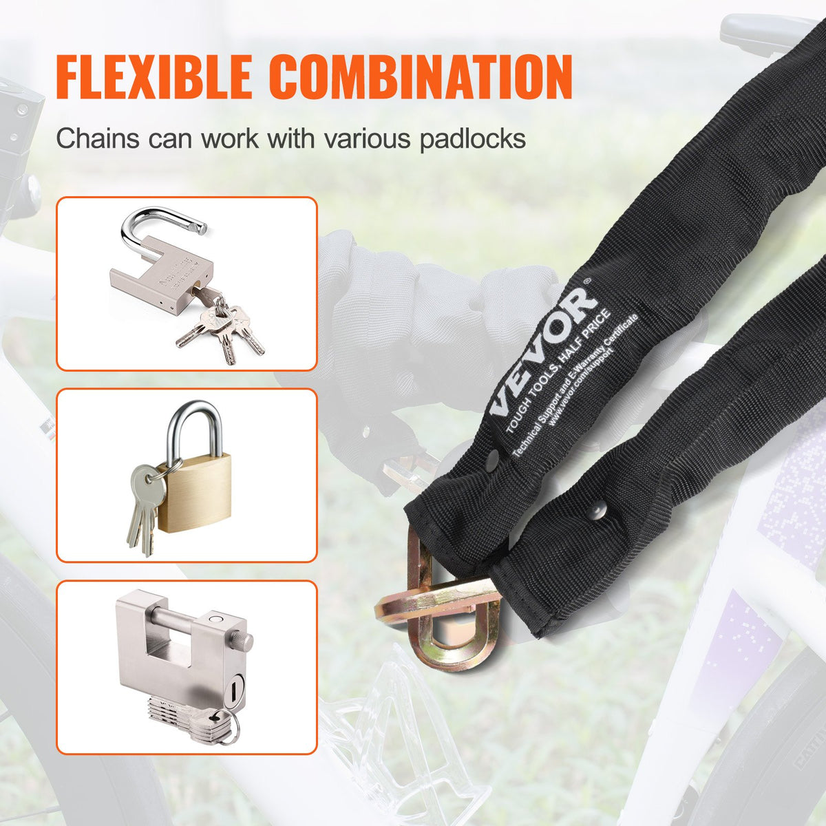 Bike Chain Lock 5.91 Ft, 9.5mm Heavy Duty Steel Anti-Theft Lock, Black