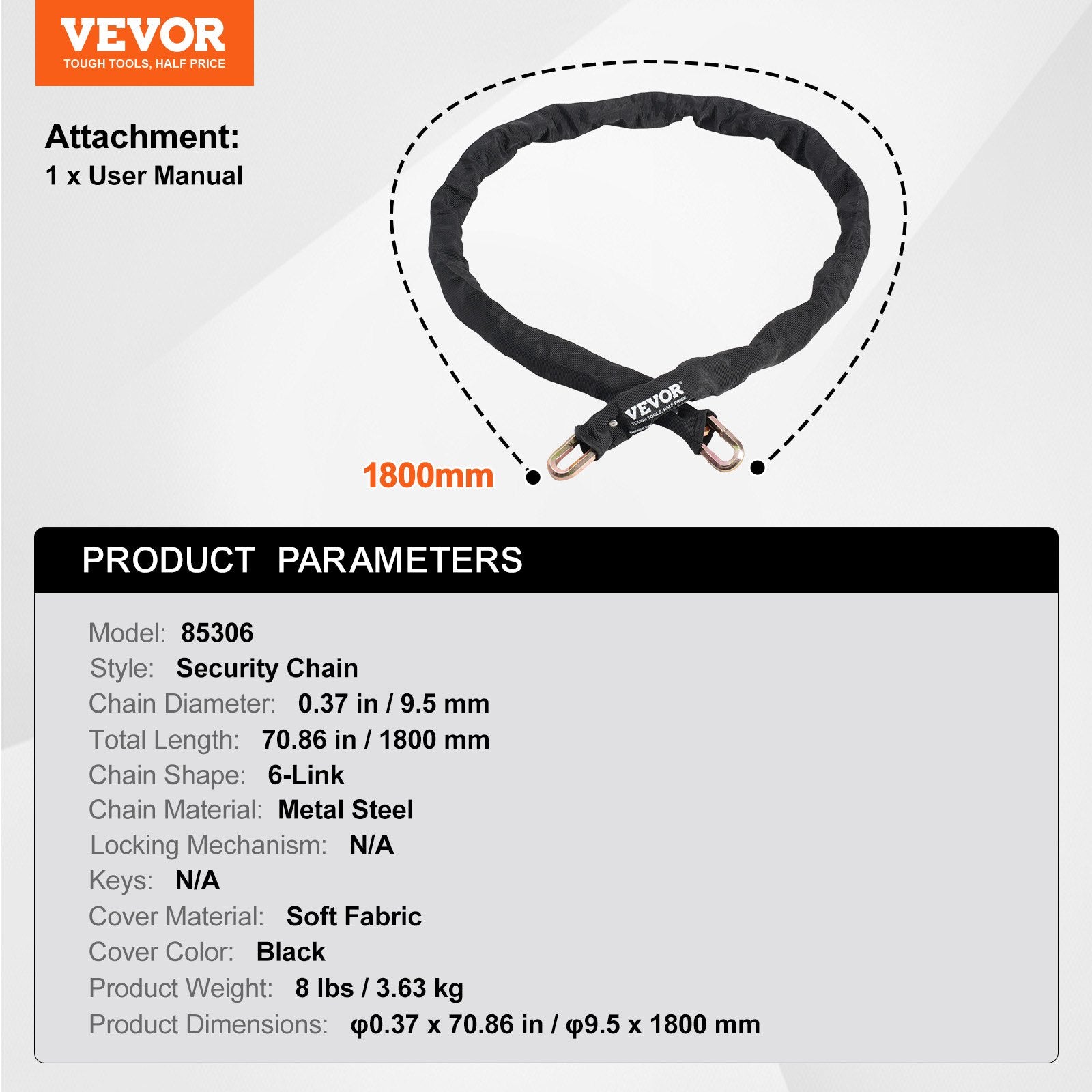 Bike Chain Lock 5.91 Ft, 9.5mm Heavy Duty Steel Anti-Theft Lock, Black