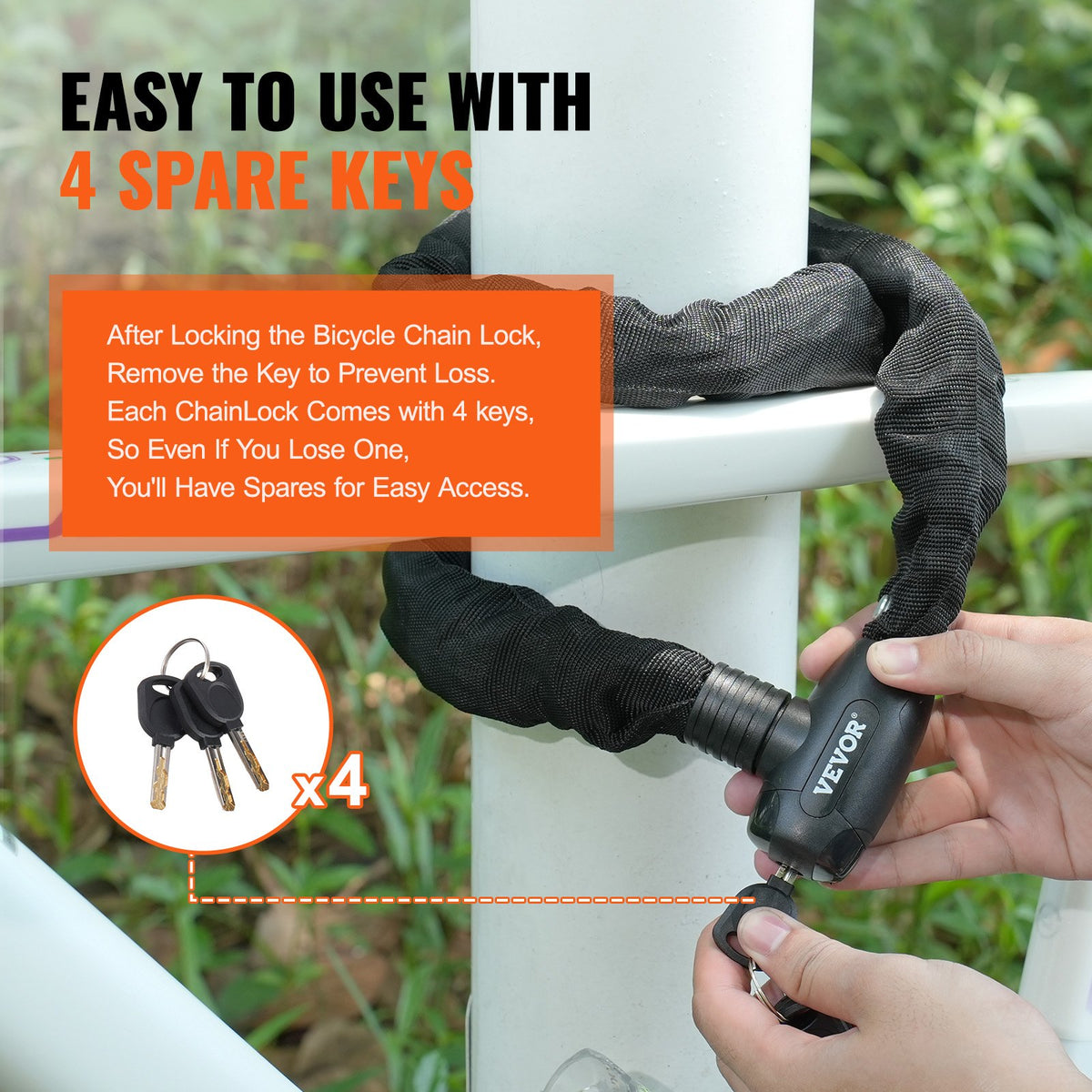 Bike Chain Lock 3.94 Ft 8mm Heavy Duty Combination Lock with 4 Keys for Security