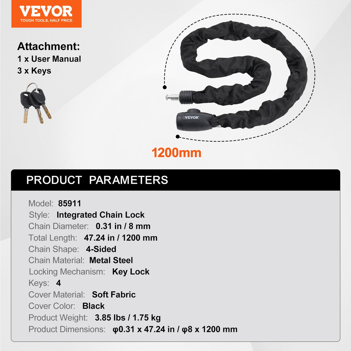 Bike Chain Lock 3.94 Ft 8mm Heavy Duty Combination Lock with 4 Keys for Security