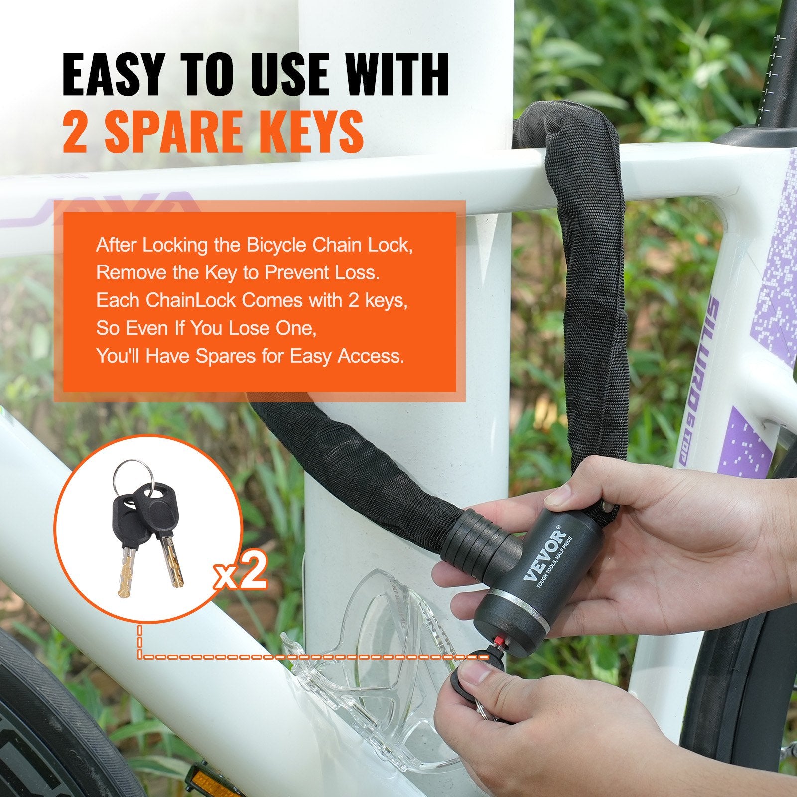 Bike Chain Lock 2.79 Ft 8mm Heavy Duty Combination Lock with 2 Keys for Security
